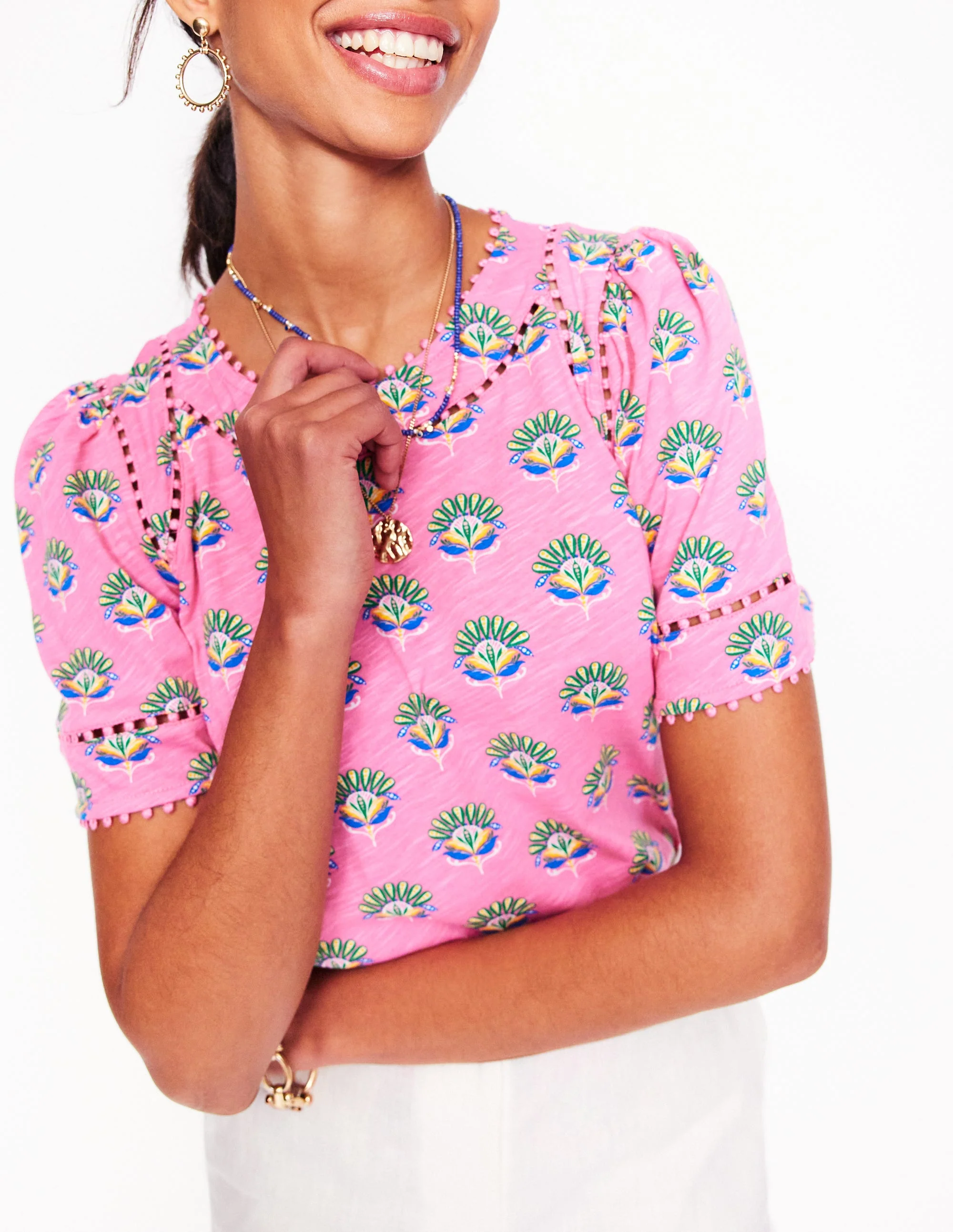 Mila Trim Detail Top-Pink, Ornamental Floral Sprig - Image 3