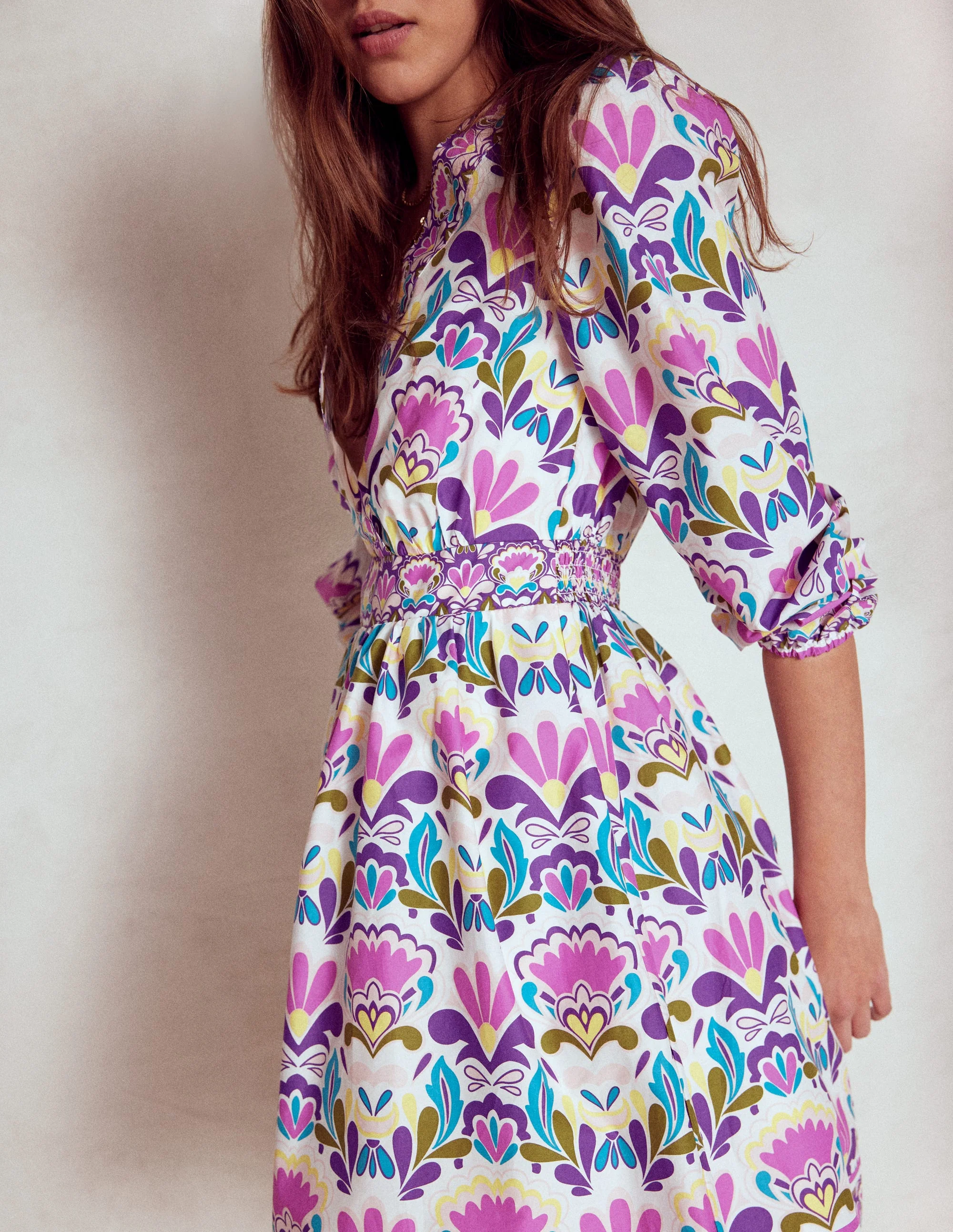 Mya Cotton Short Dress-Royal Purple, Freesia Stamp - Image 2