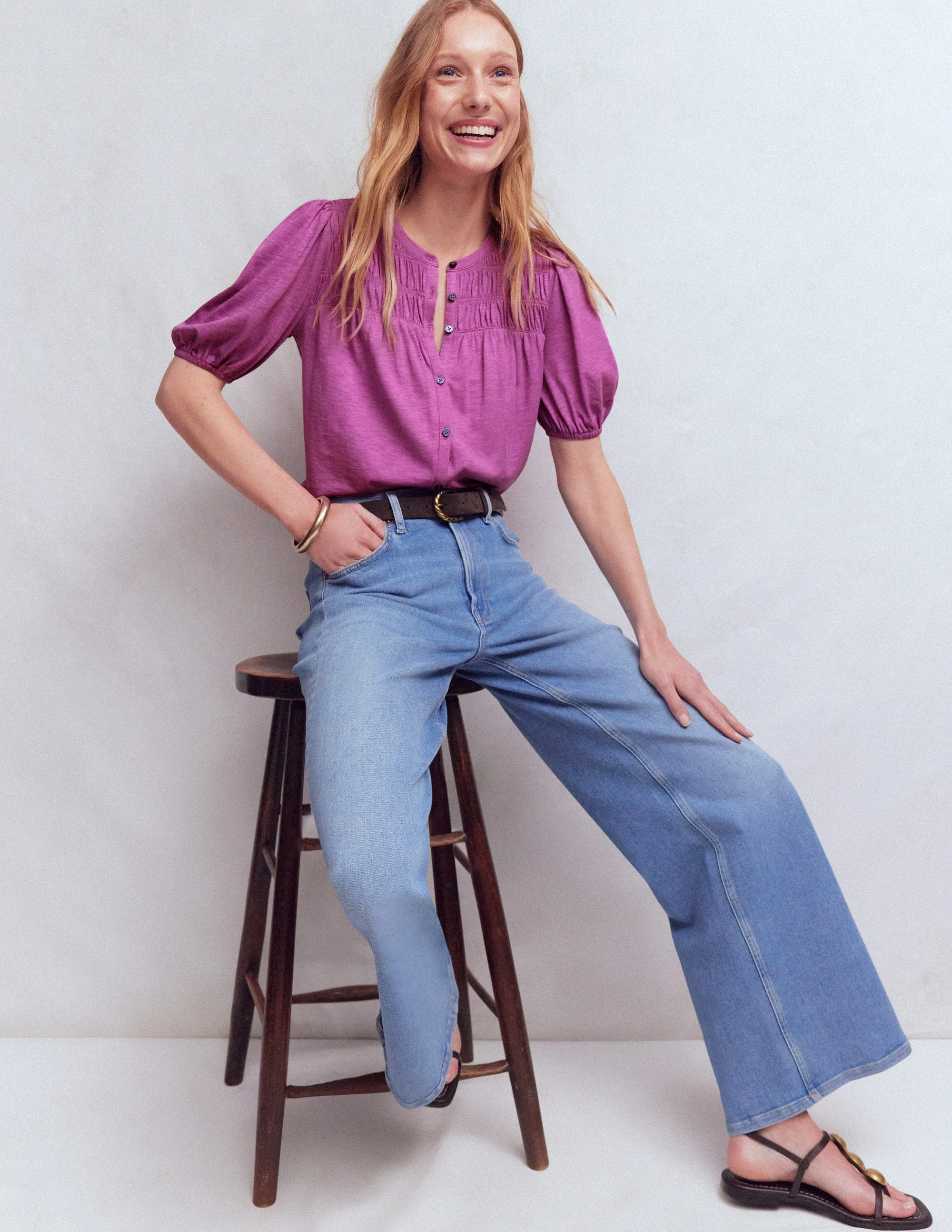 Mya Short Sleeve Smocked Shirt-Clover Purple