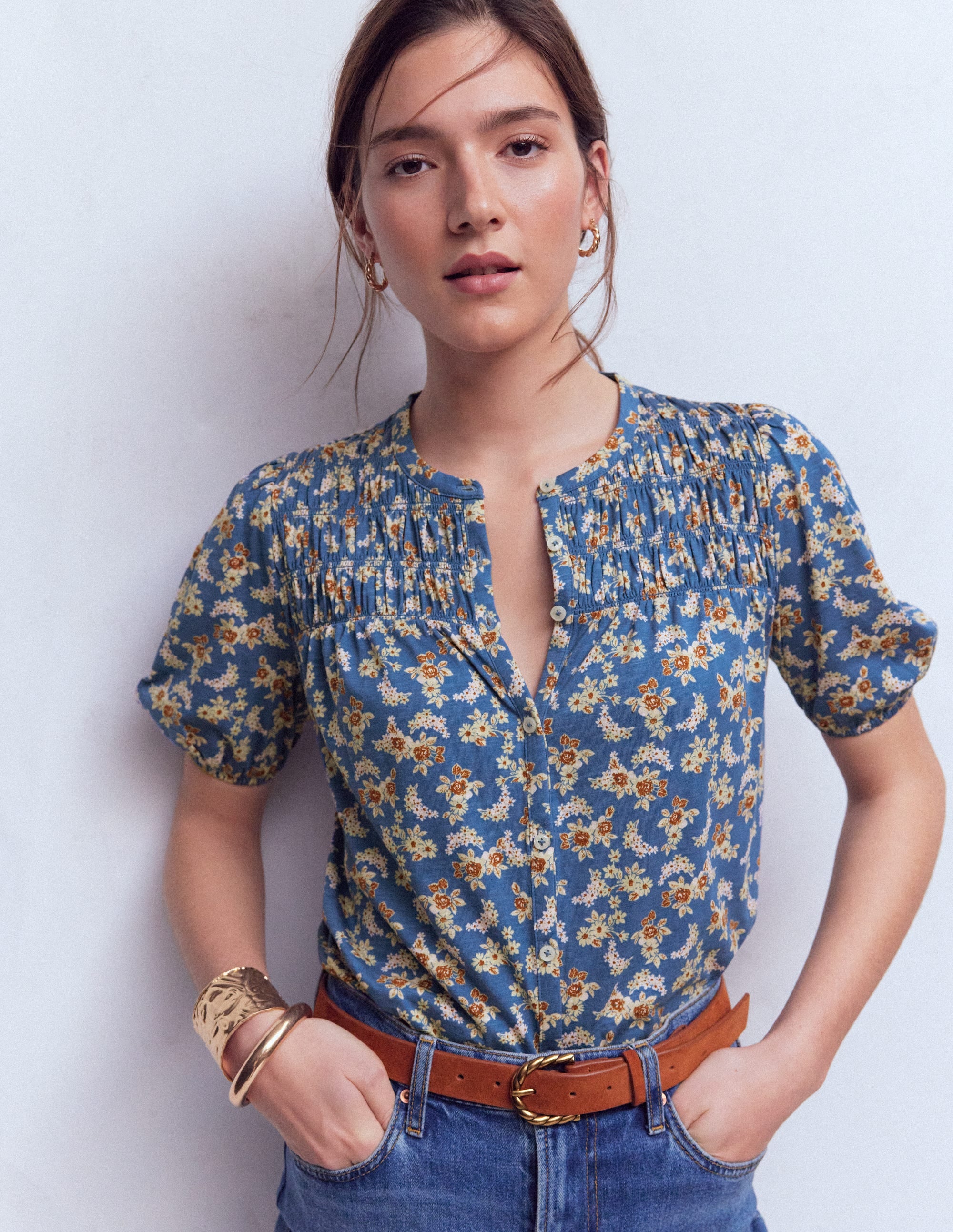 Mya Short Sleeve Smocked Shirt-True Navy, Dainty Blooms - Image 4