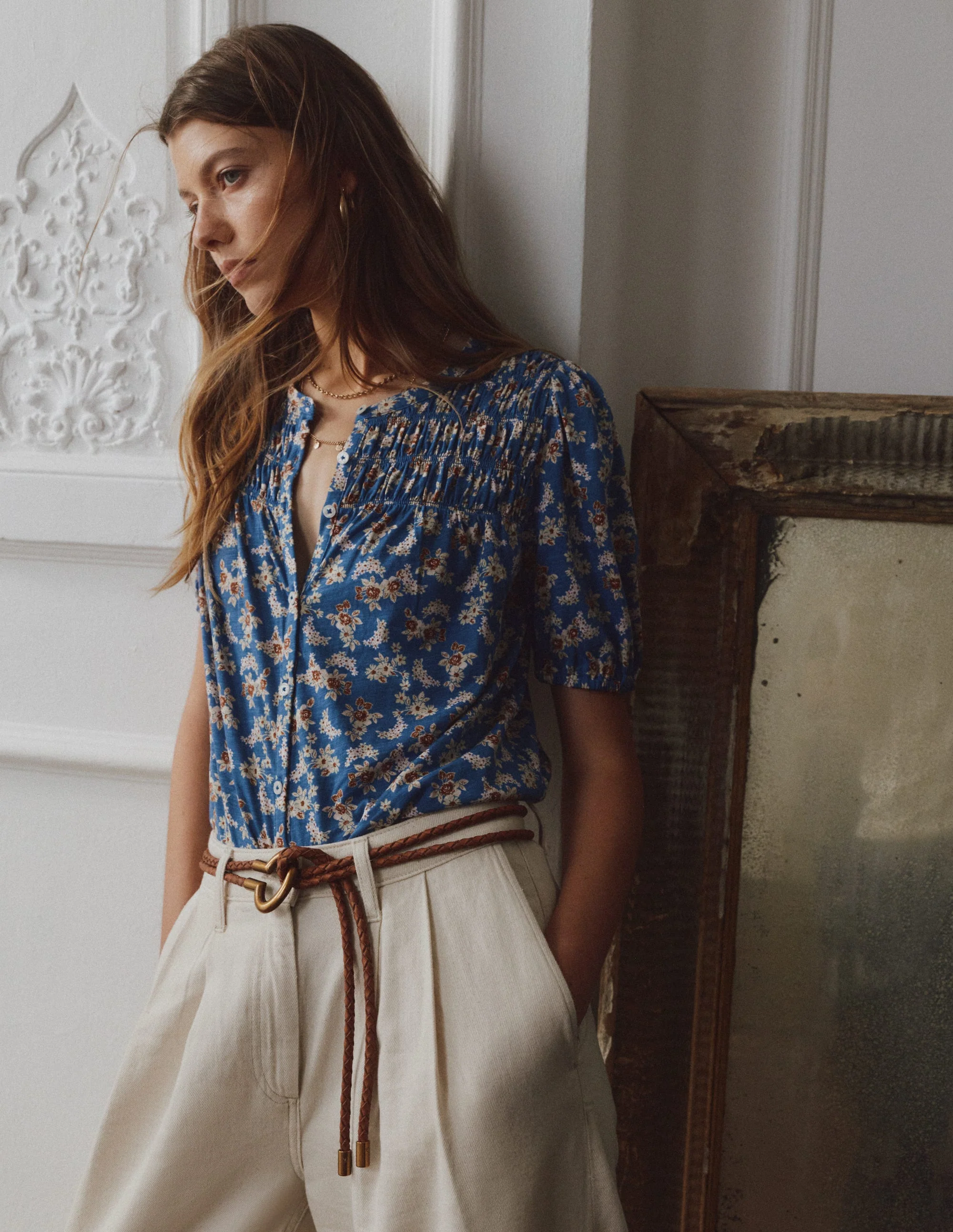 Mya Short Sleeve Smocked Shirt-True Navy, Dainty Blooms - Image 5