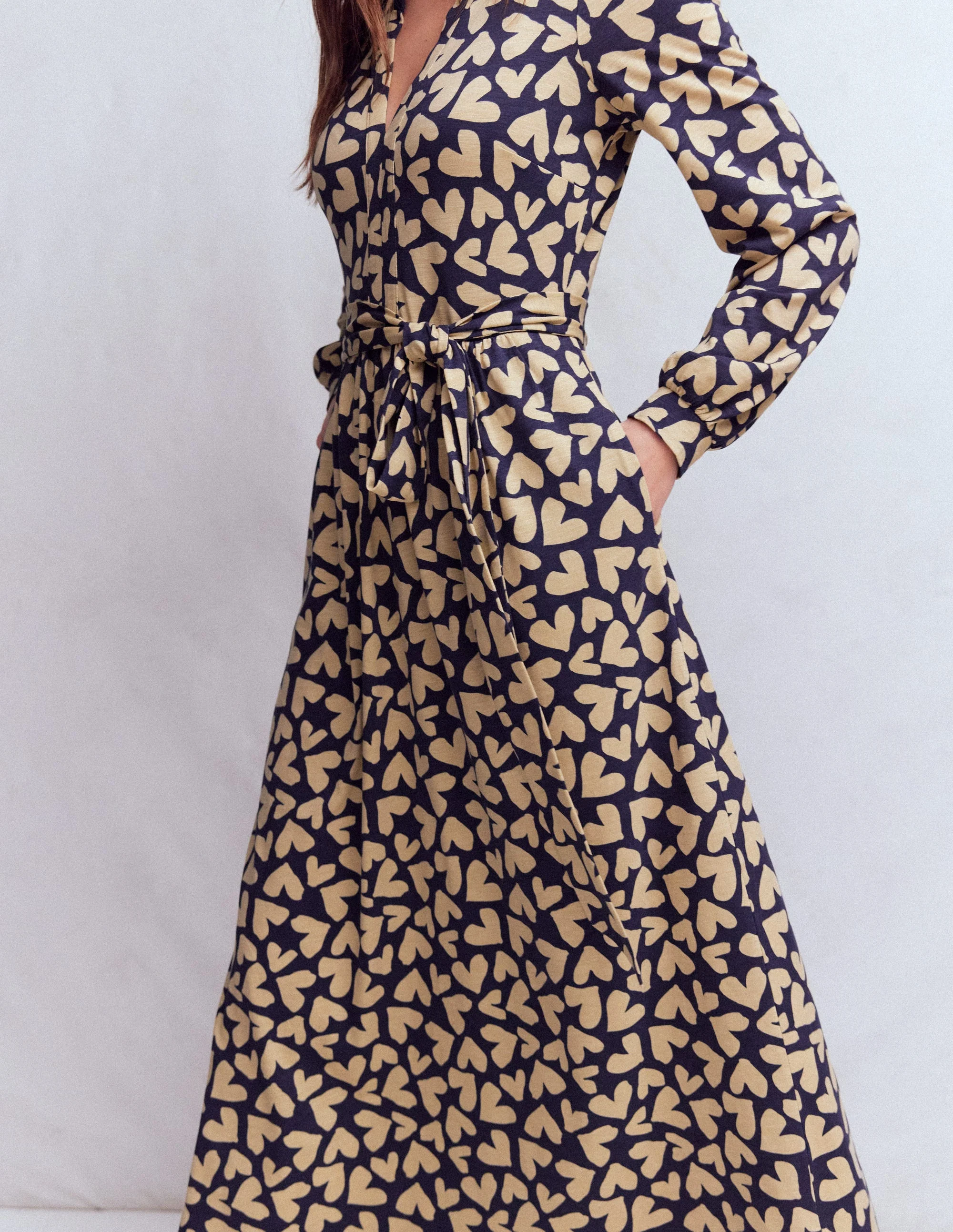 Naomi Long Sleeve Jersey Dress-French Navy, Heart Scatter - Image 3