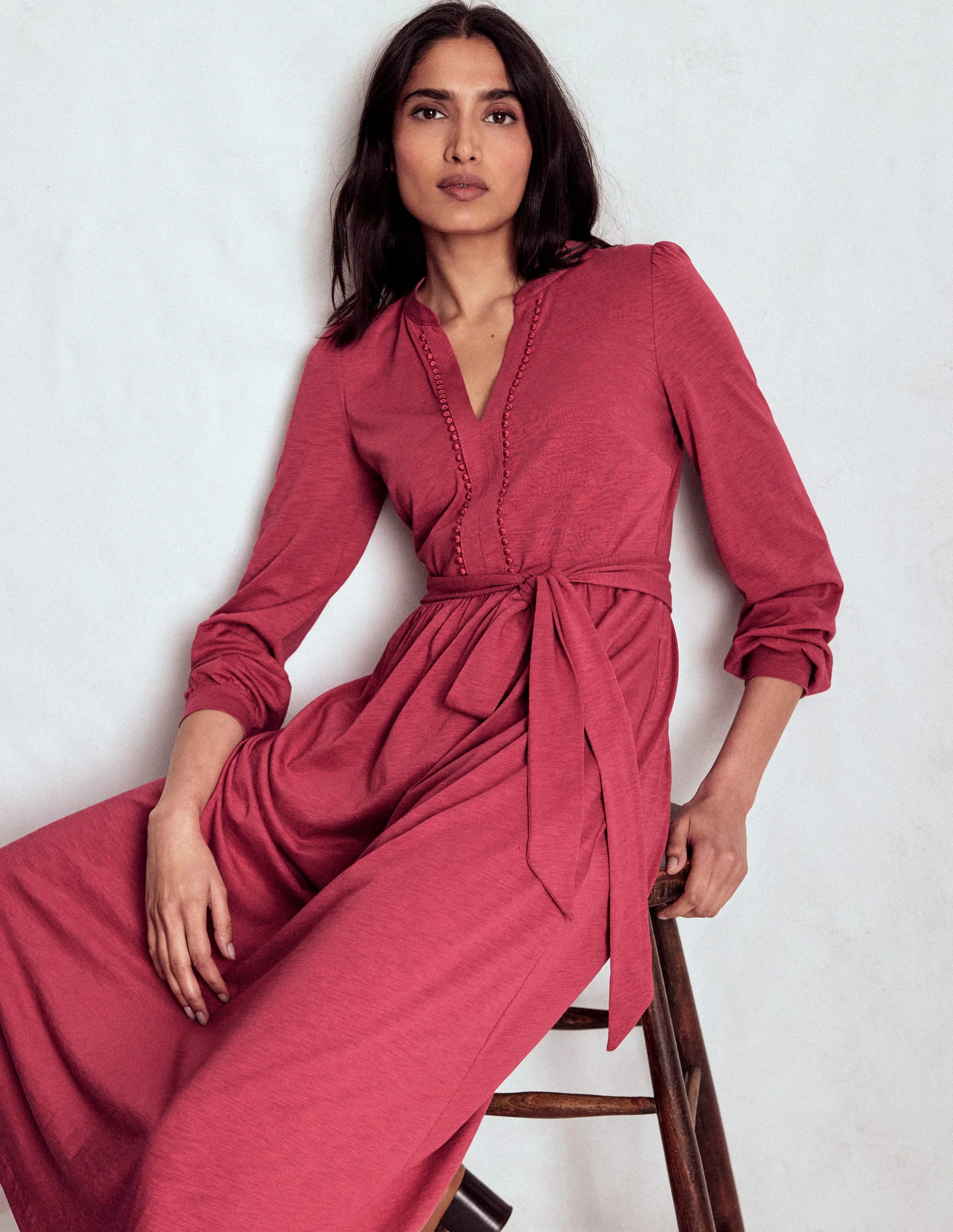 Naomi Long Sleeve Jersey Dress-Terracotta Red - Image 2
