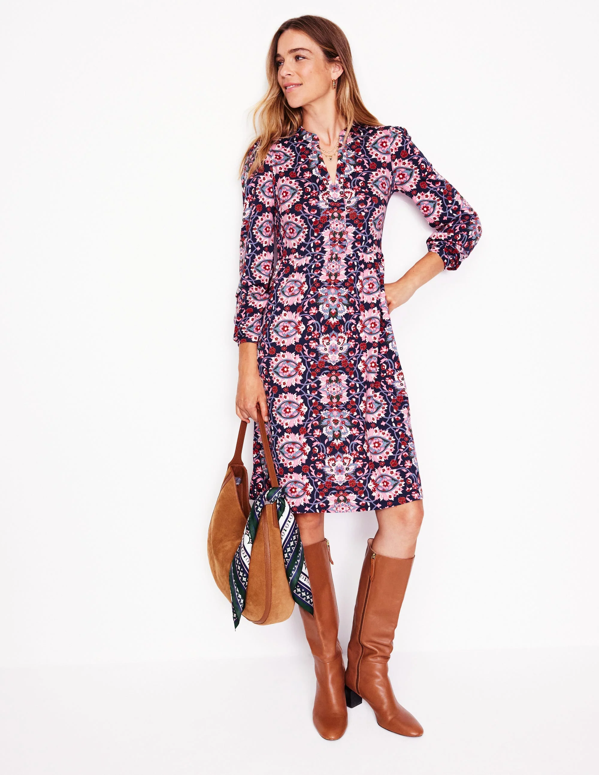 Naomi Relaxed Jersey Dress-Old Rose, Bloom Trellis - Image 4