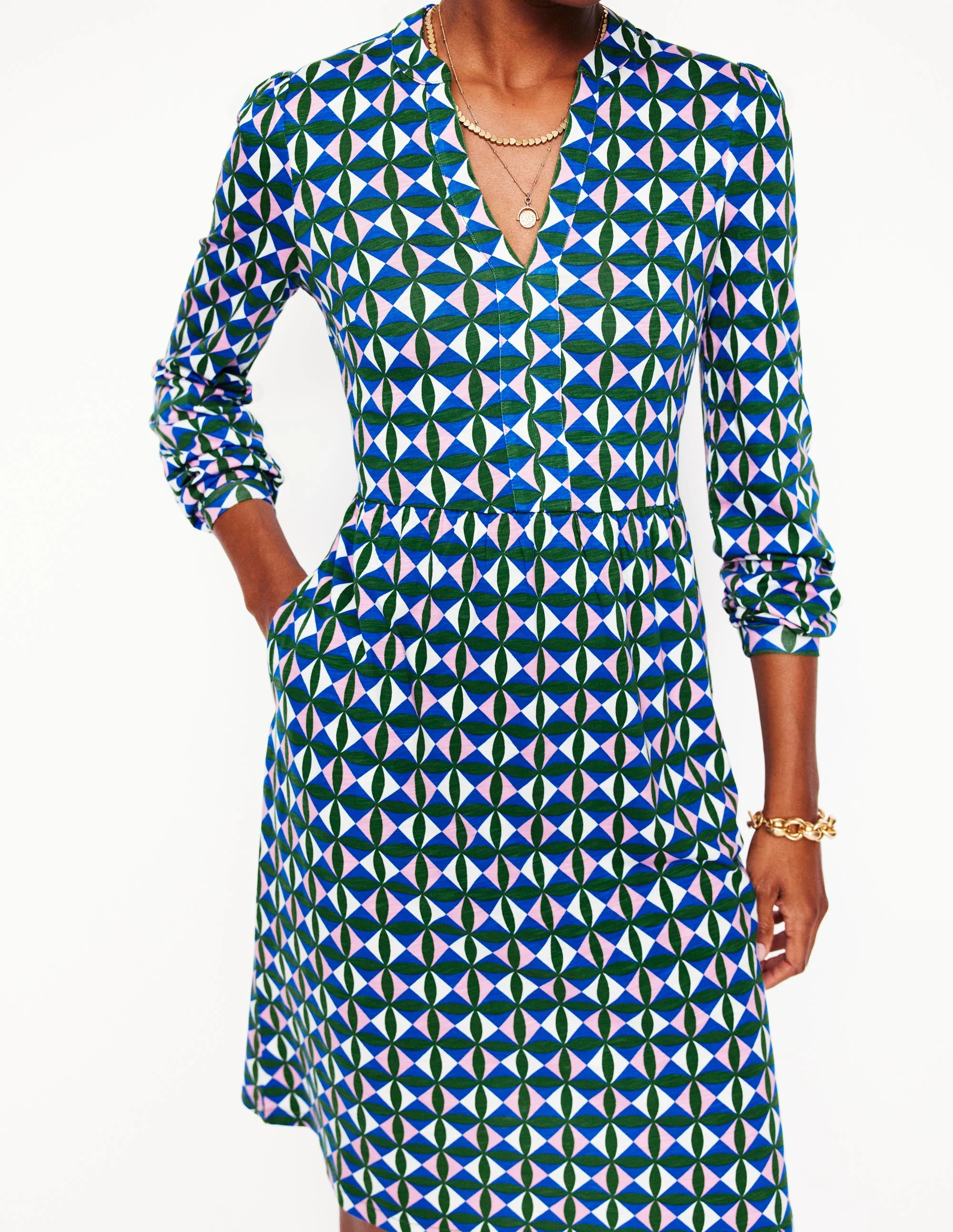 Naomi Relaxed Jersey Dress-Promenade Green, Petal Check - Image 2