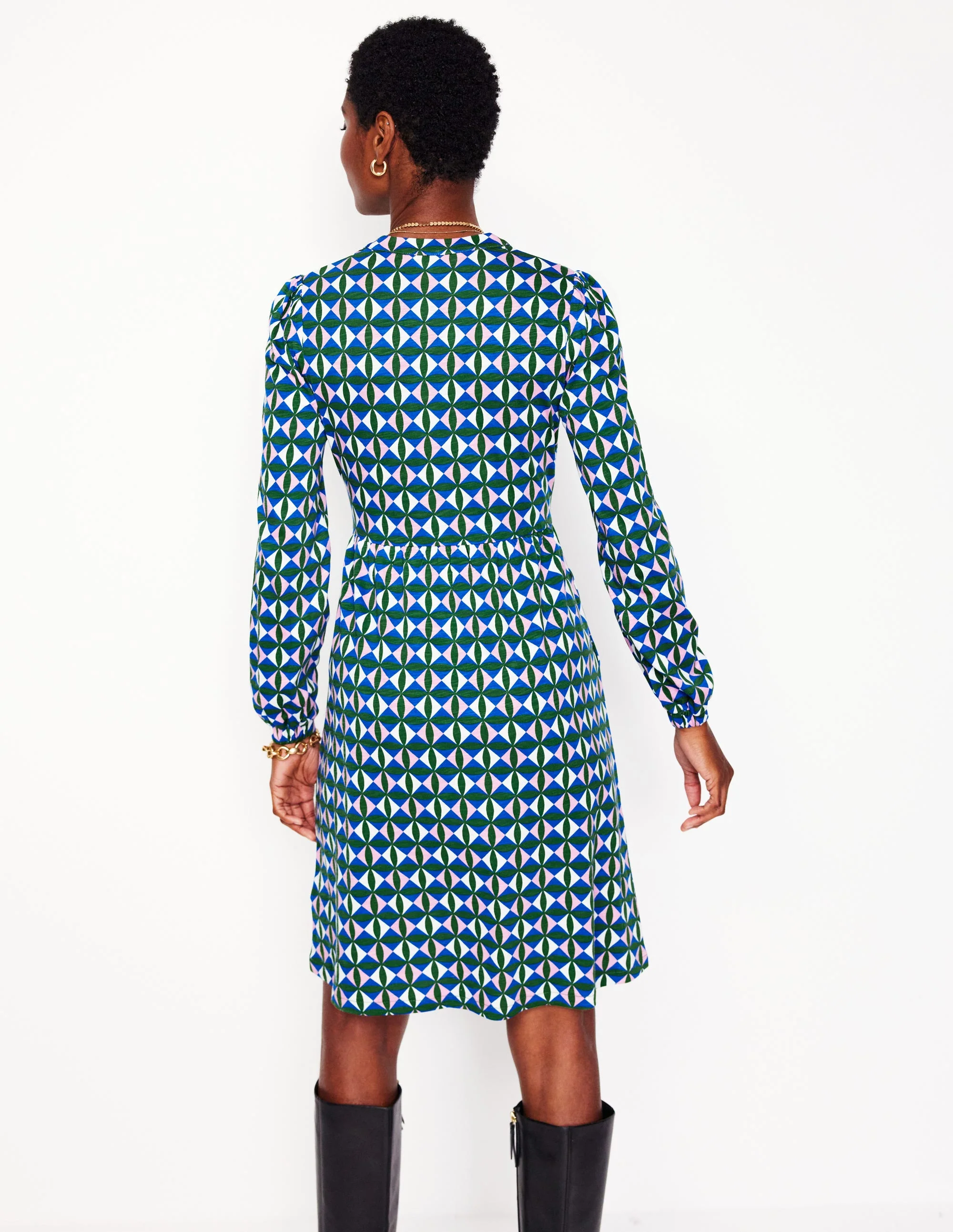 Naomi Relaxed Jersey Dress-Promenade Green, Petal Check - Image 3