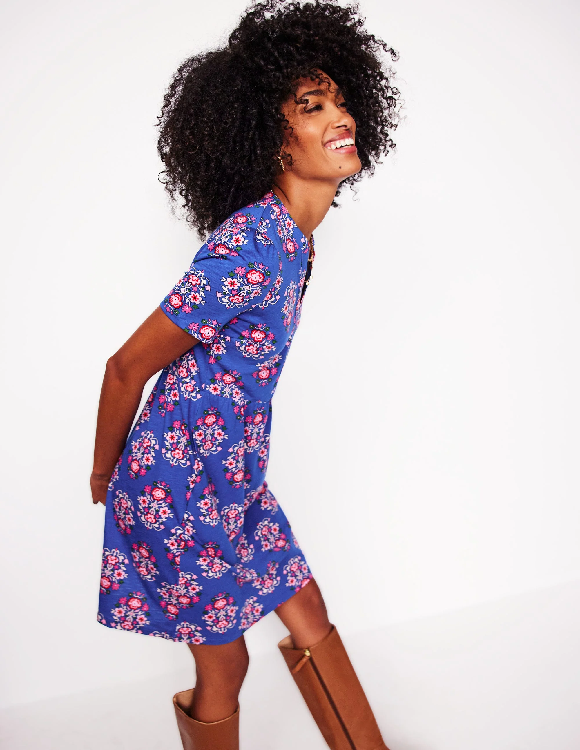Naomi Short Jersey Dress-Bright Blue, Wildflower Stamp