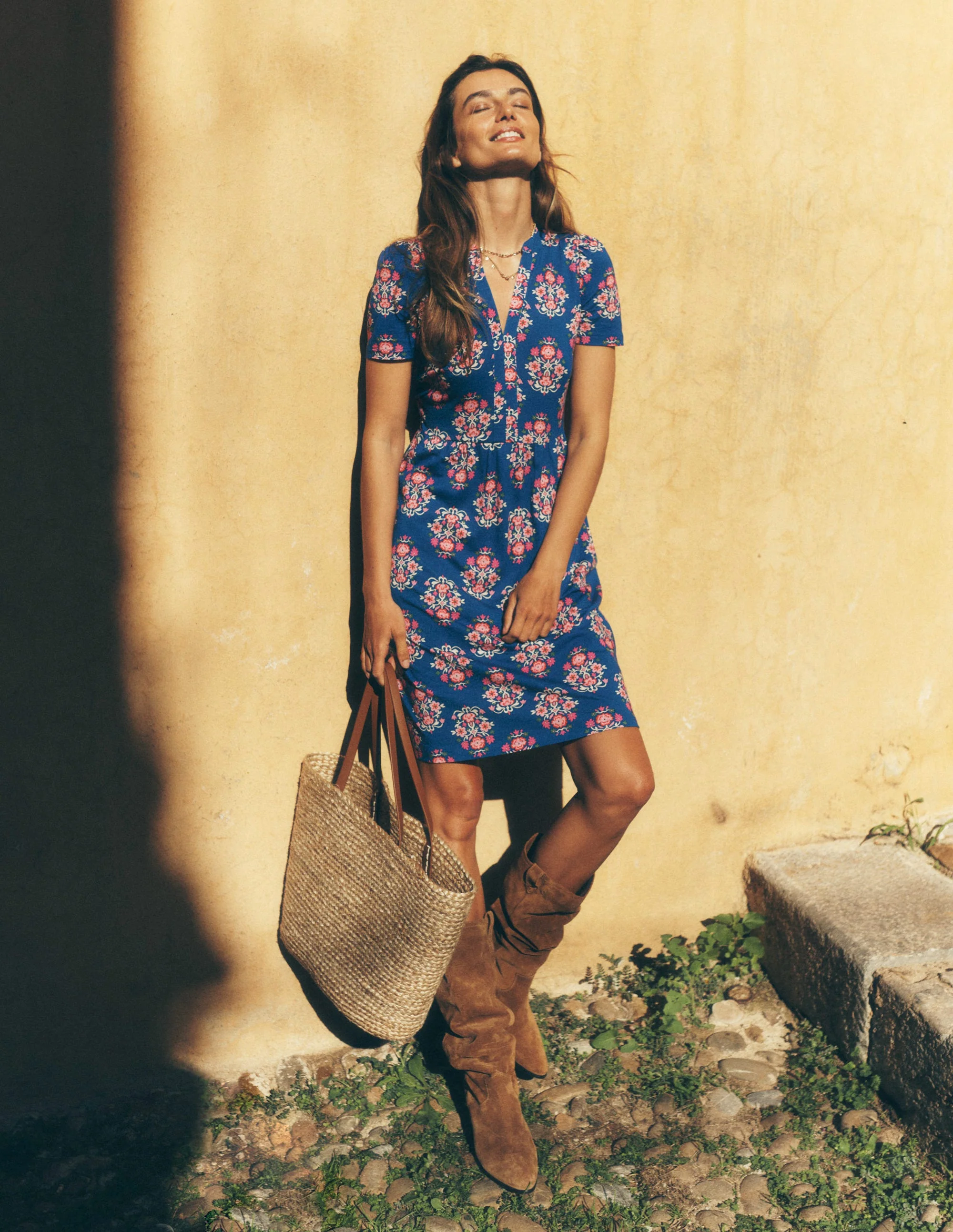 Naomi Short Jersey Dress-Bright Blue, Wildflower Stamp - Image 2