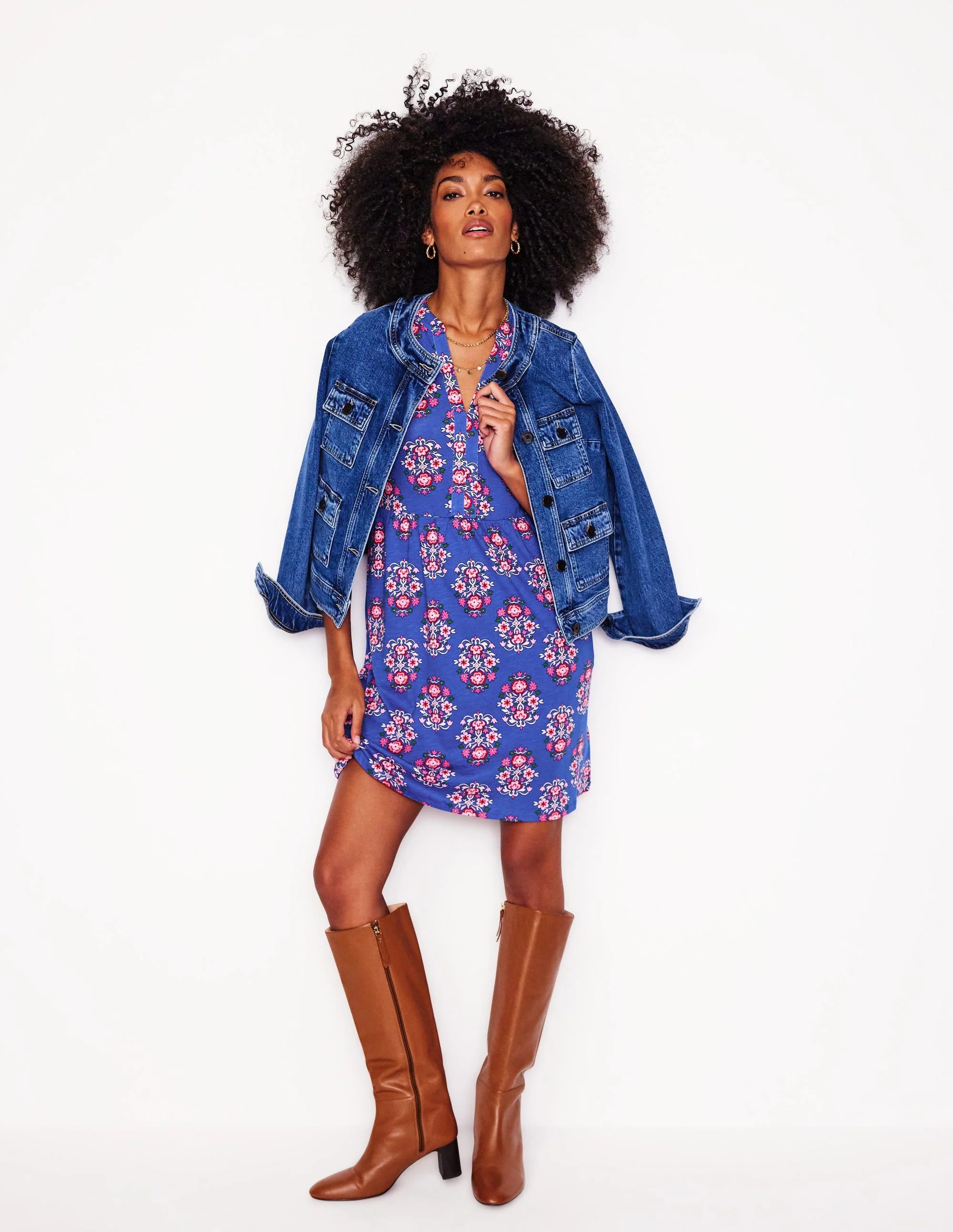 Naomi Short Jersey Dress-Bright Blue, Wildflower Stamp - Image 5