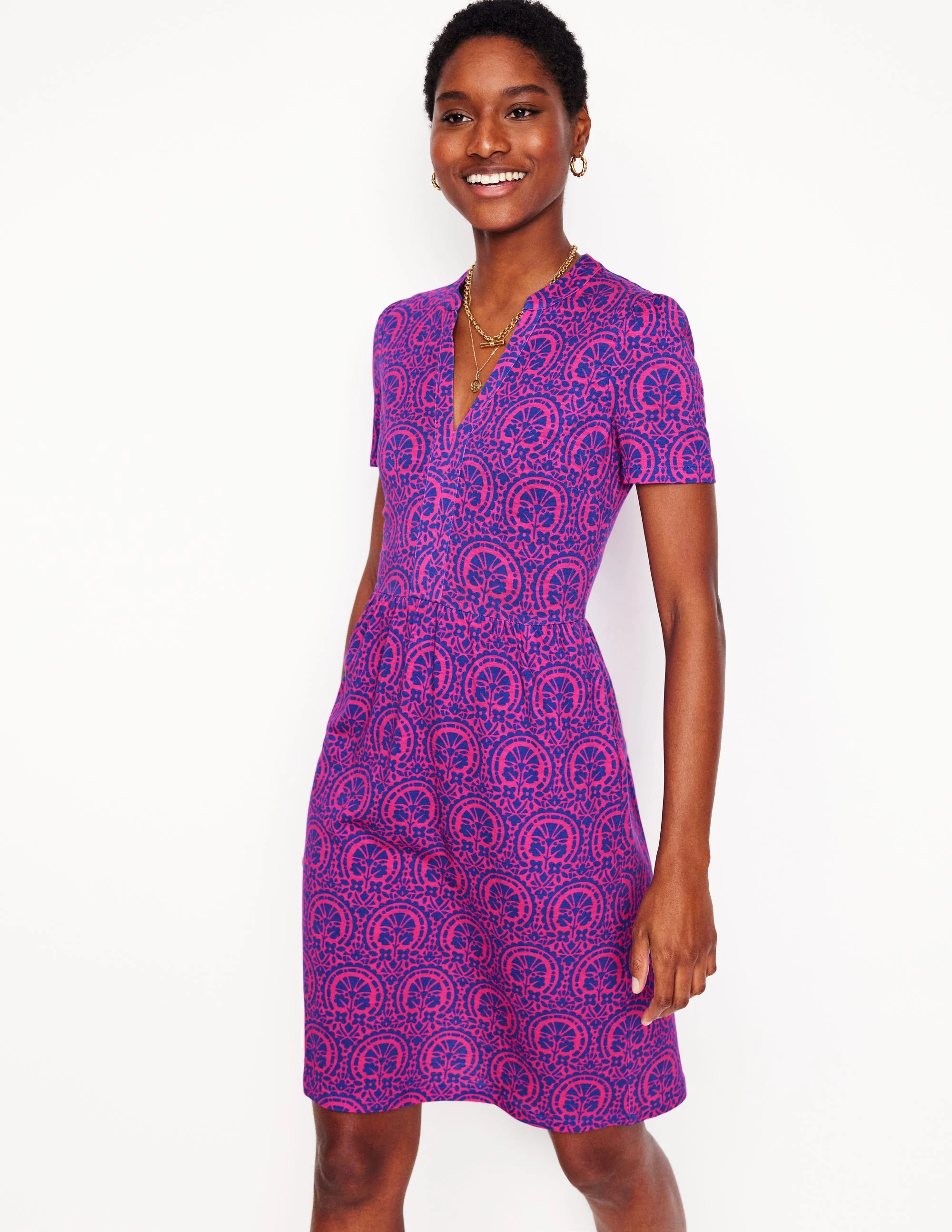 Naomi Short Jersey Dress-Pink Peony Elaborate Stamp