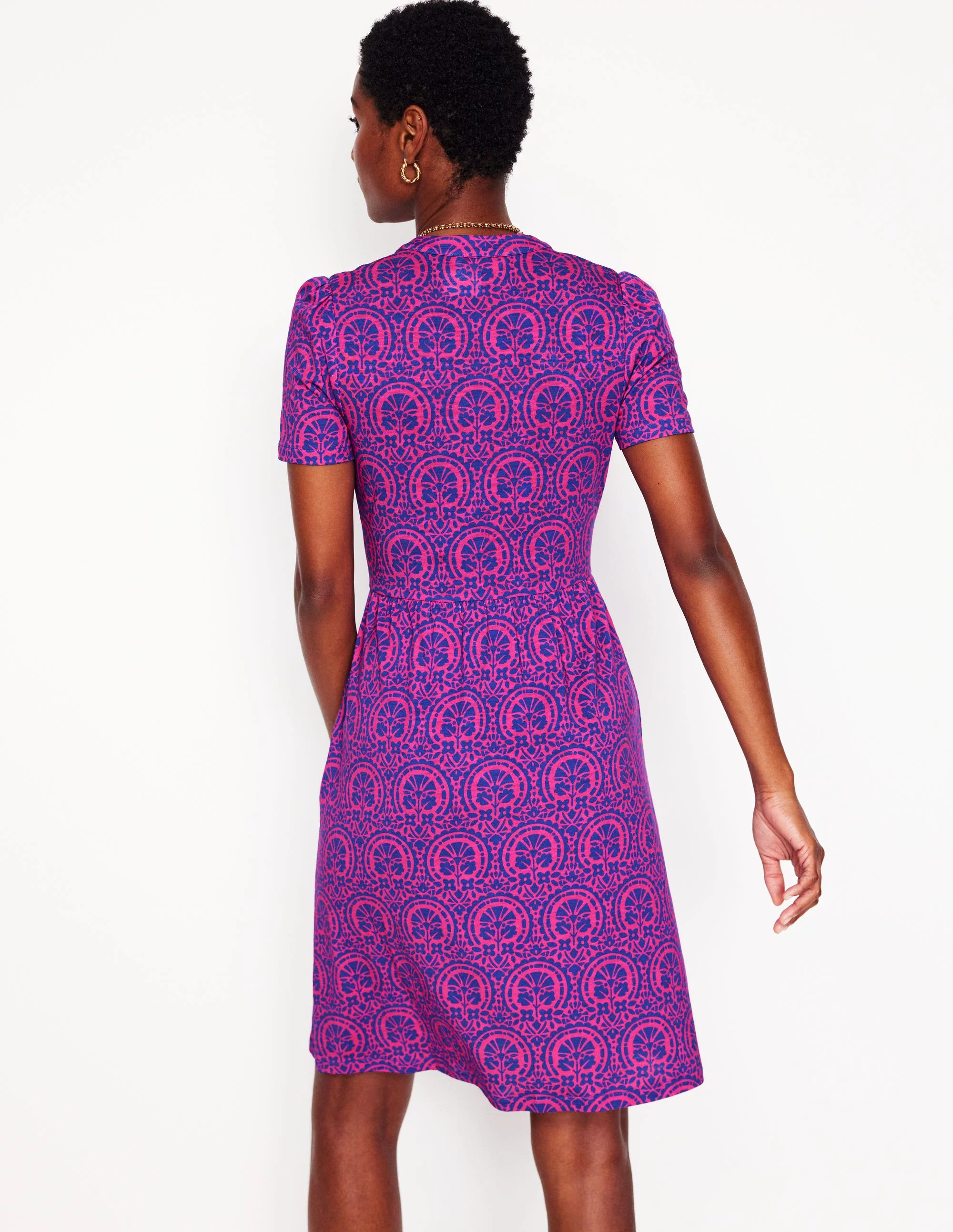 Naomi Short Jersey Dress-Pink Peony Elaborate Stamp - Image 3