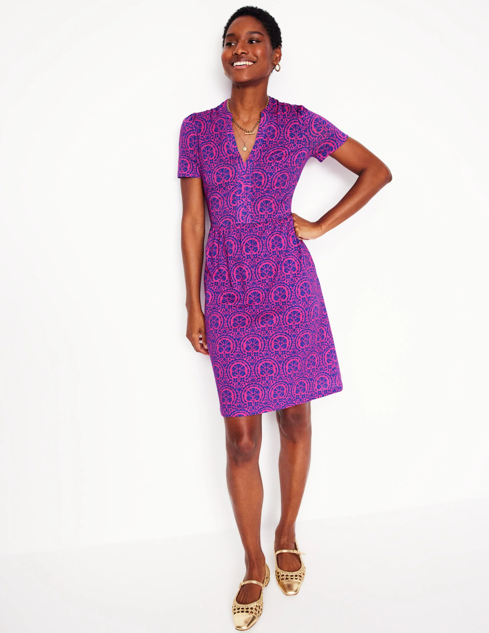 Naomi Short Jersey Dress-Pink Peony Elaborate Stamp - Image 4
