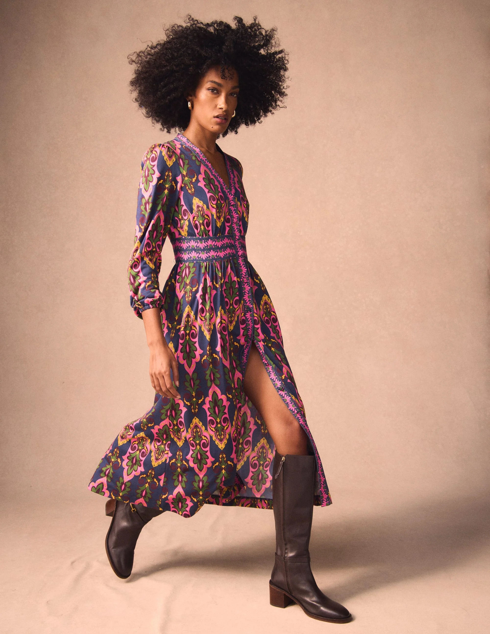Natalia Long Sleeve Tea Dress-French Navy, Ornate Charm