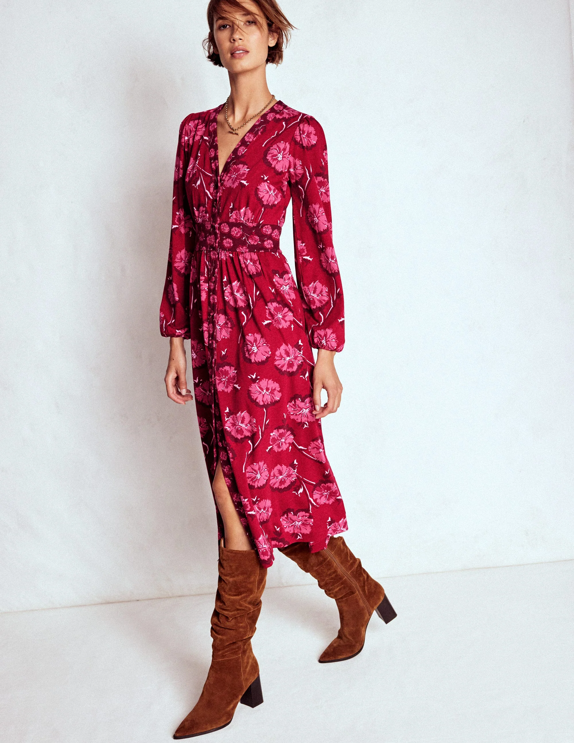 Natalia Long Sleeve Tea Dress-Red, Delicate Carnation - Image 4