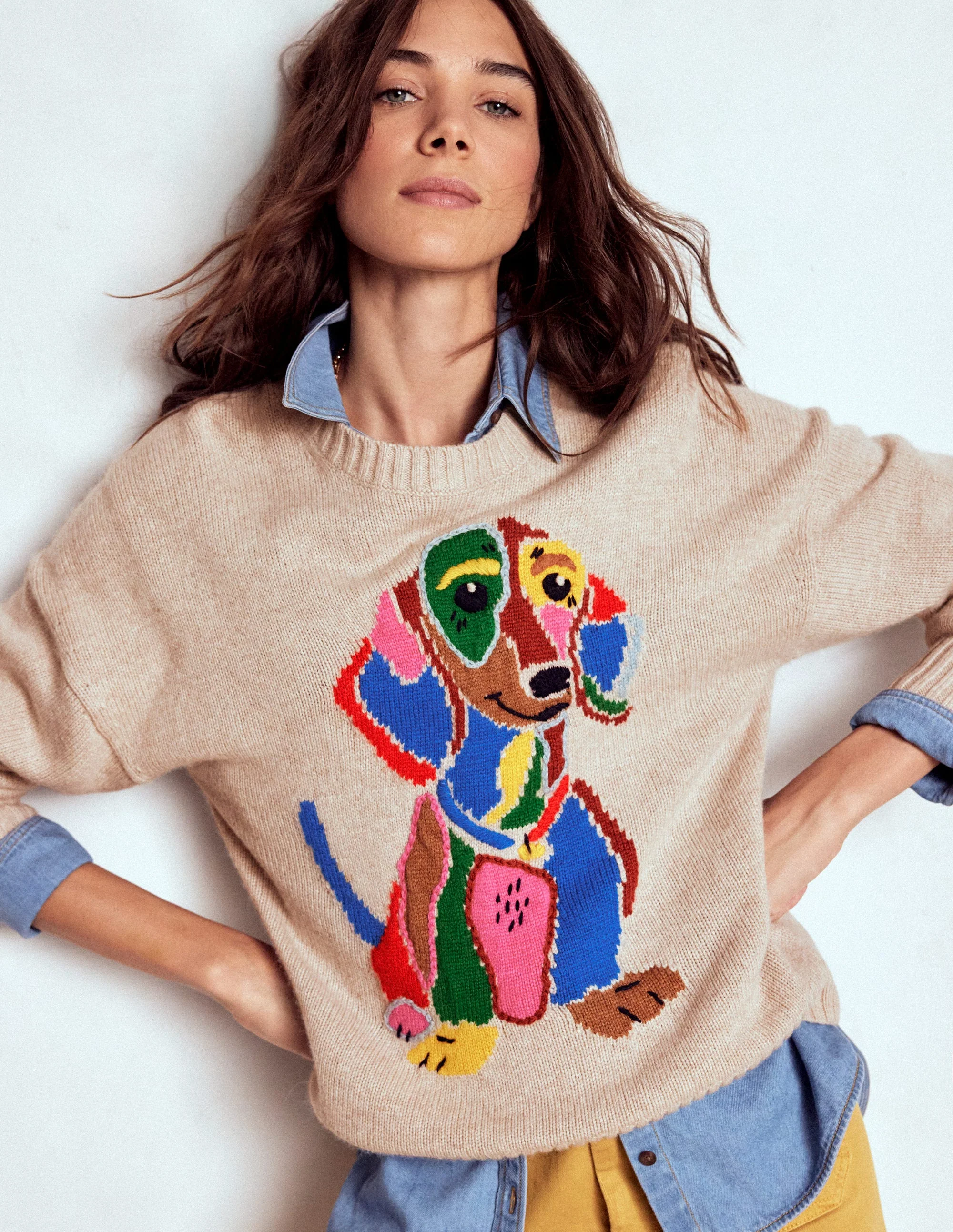 Natalie Embroidered Sweater-Oatmeal Melange, Daschund