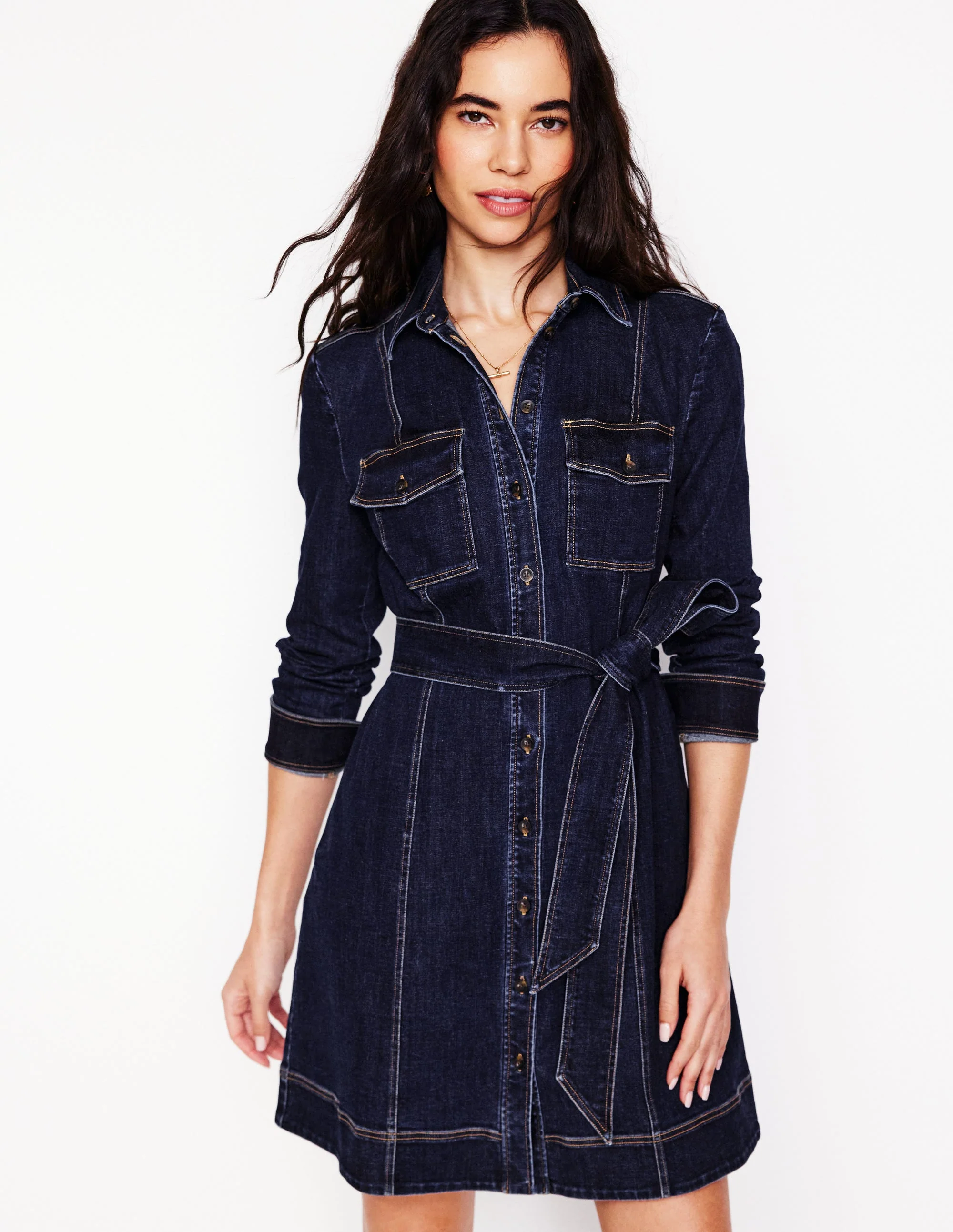Nell Denim Mini Shirt Dress-Dark Indigo