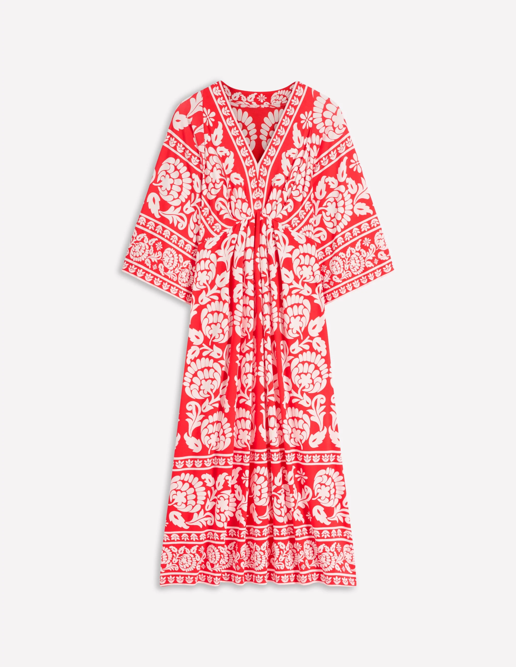 Nell Kimono Midi Jersey Dress-Bright Cherry, Ornate Floret - Image 5