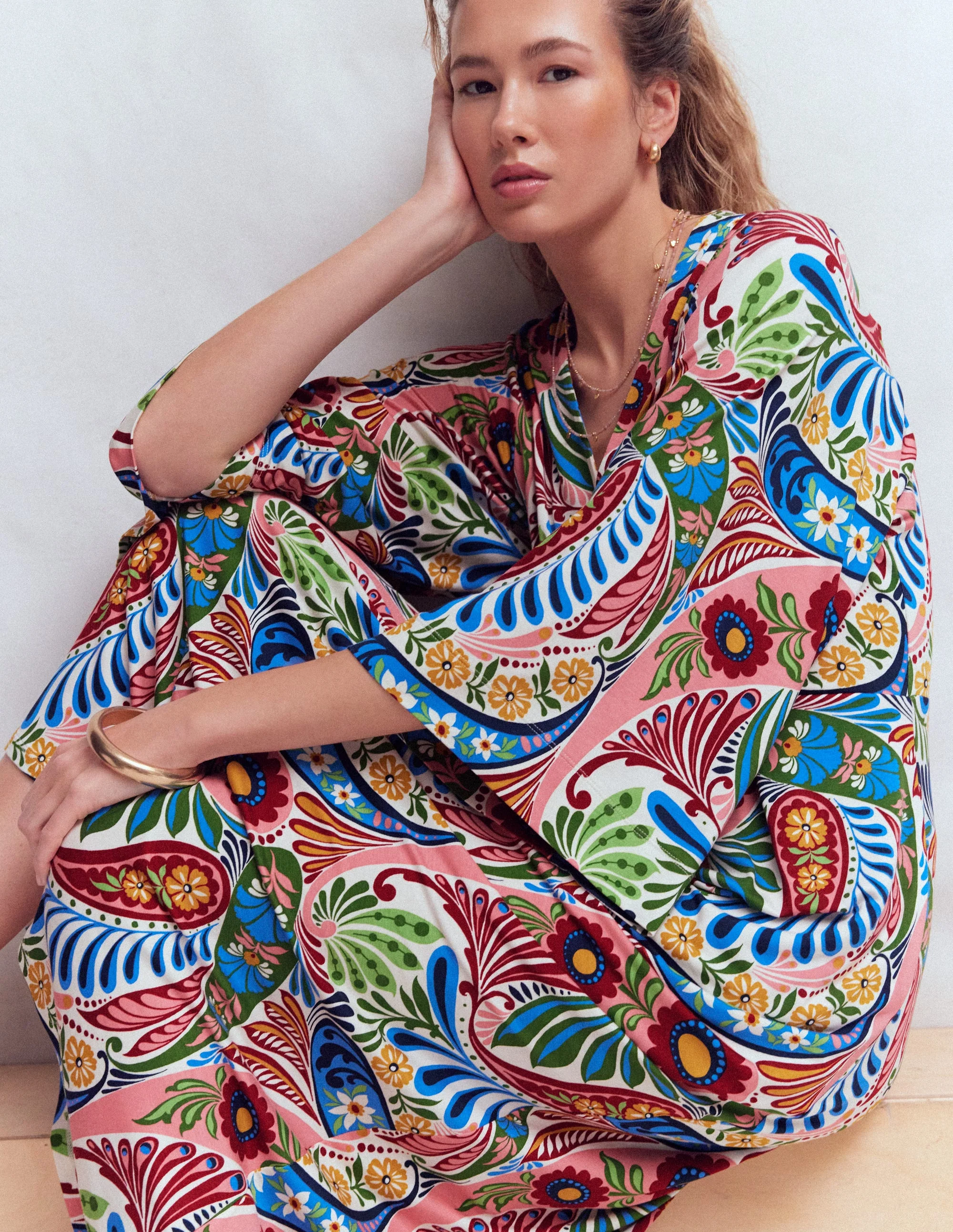 Nell Kimono Midi Jersey Dress-Multi, Enchanted Paisley - Image 4