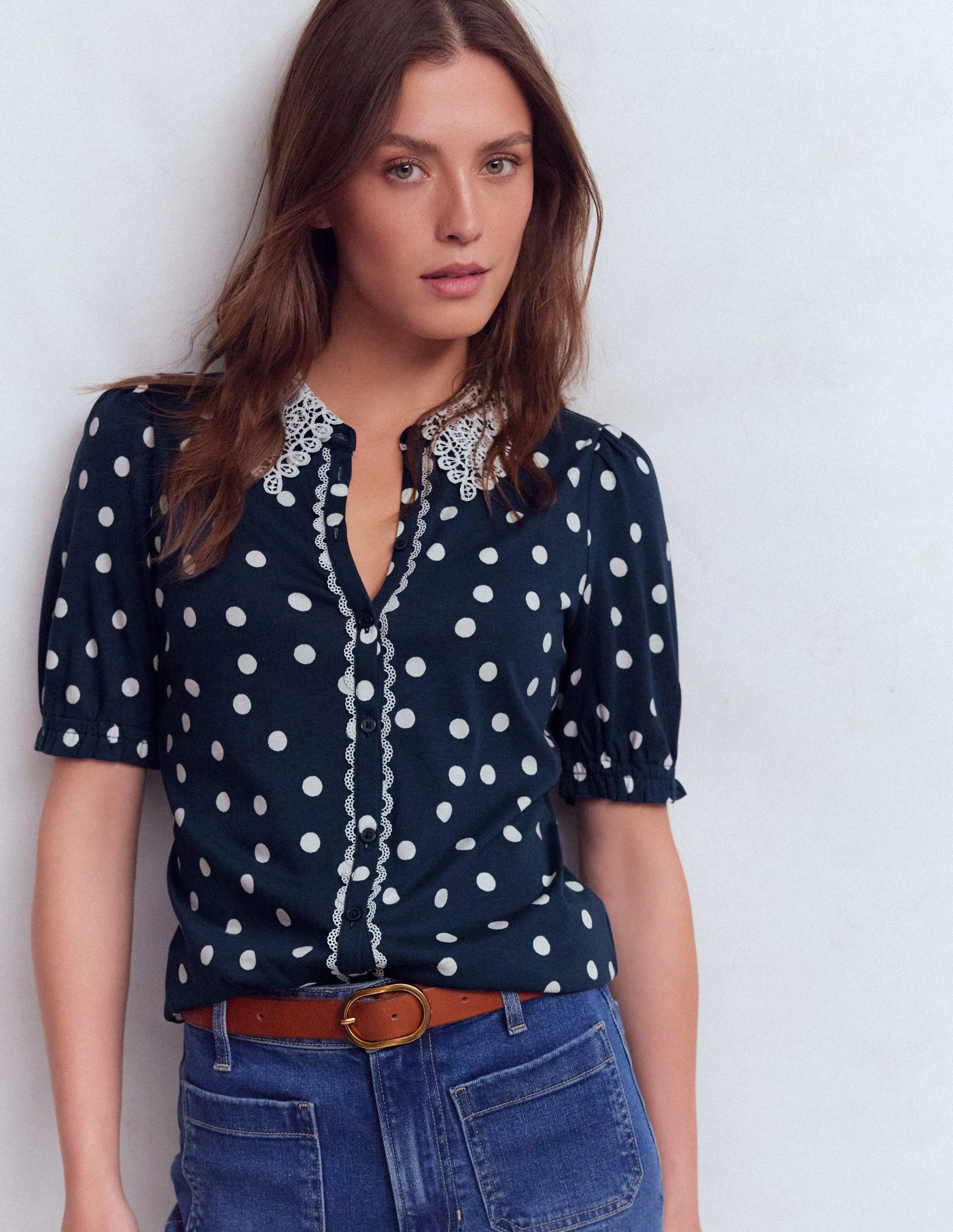 Nessa Broderie Collar Blouse-Painted Dot Spaced