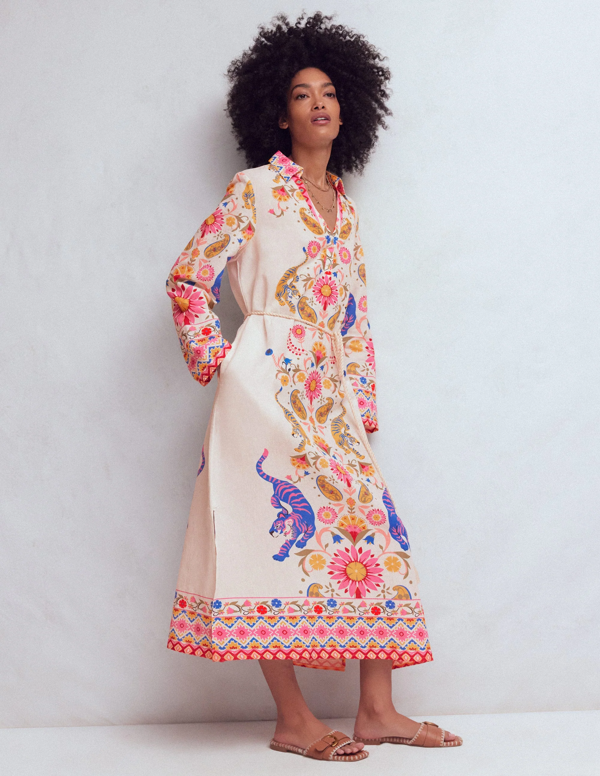 Notch Collar Linen Blend Tunic-Multi Tiger Tapestry - Image 2