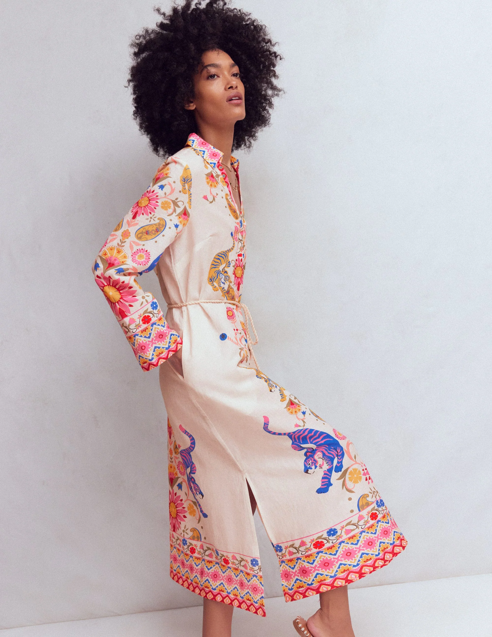 Notch Collar Linen Blend Tunic-Multi Tiger Tapestry - Image 5