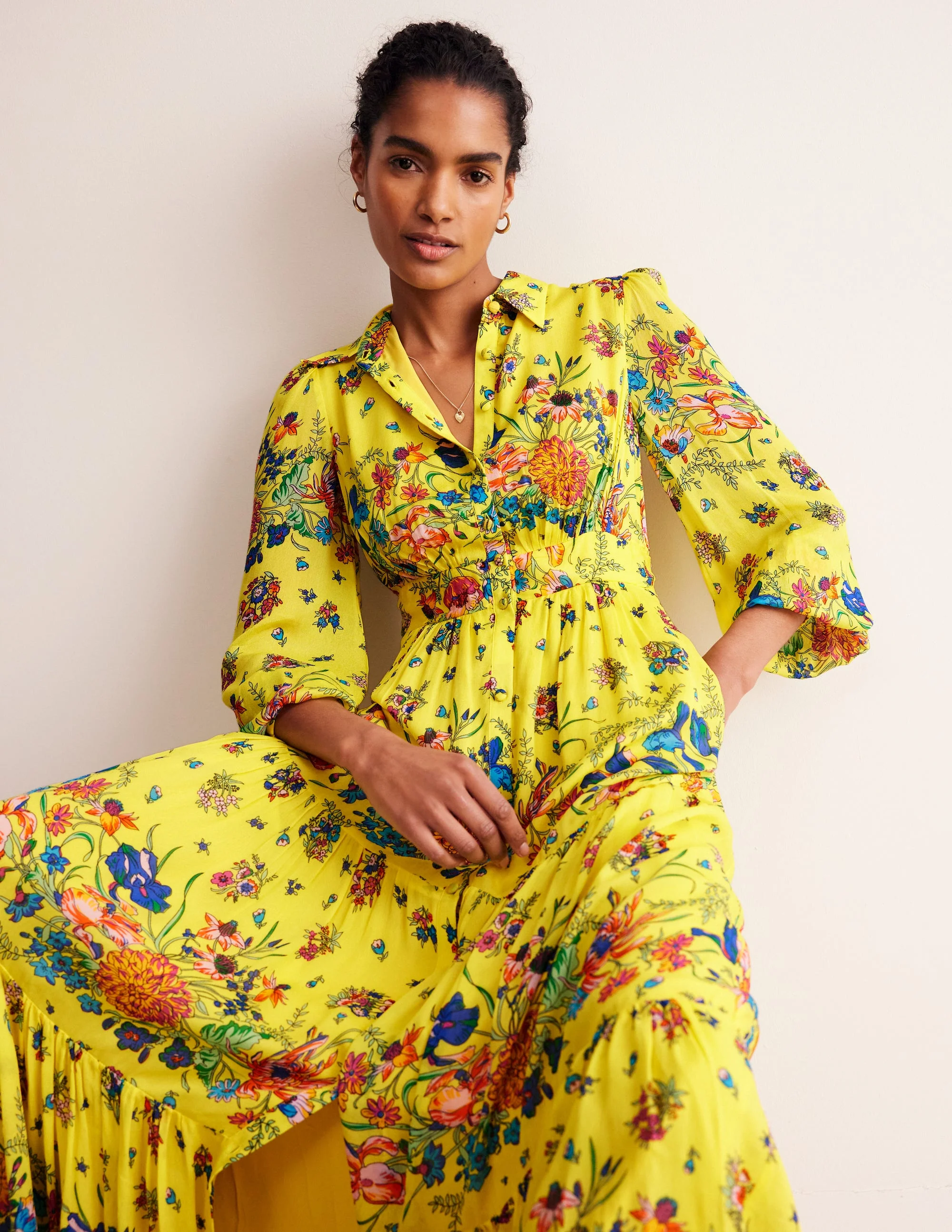 Occasion Maxi Shirt Dress-Vibrant Yellow, Gardenia Bloom - Image 4