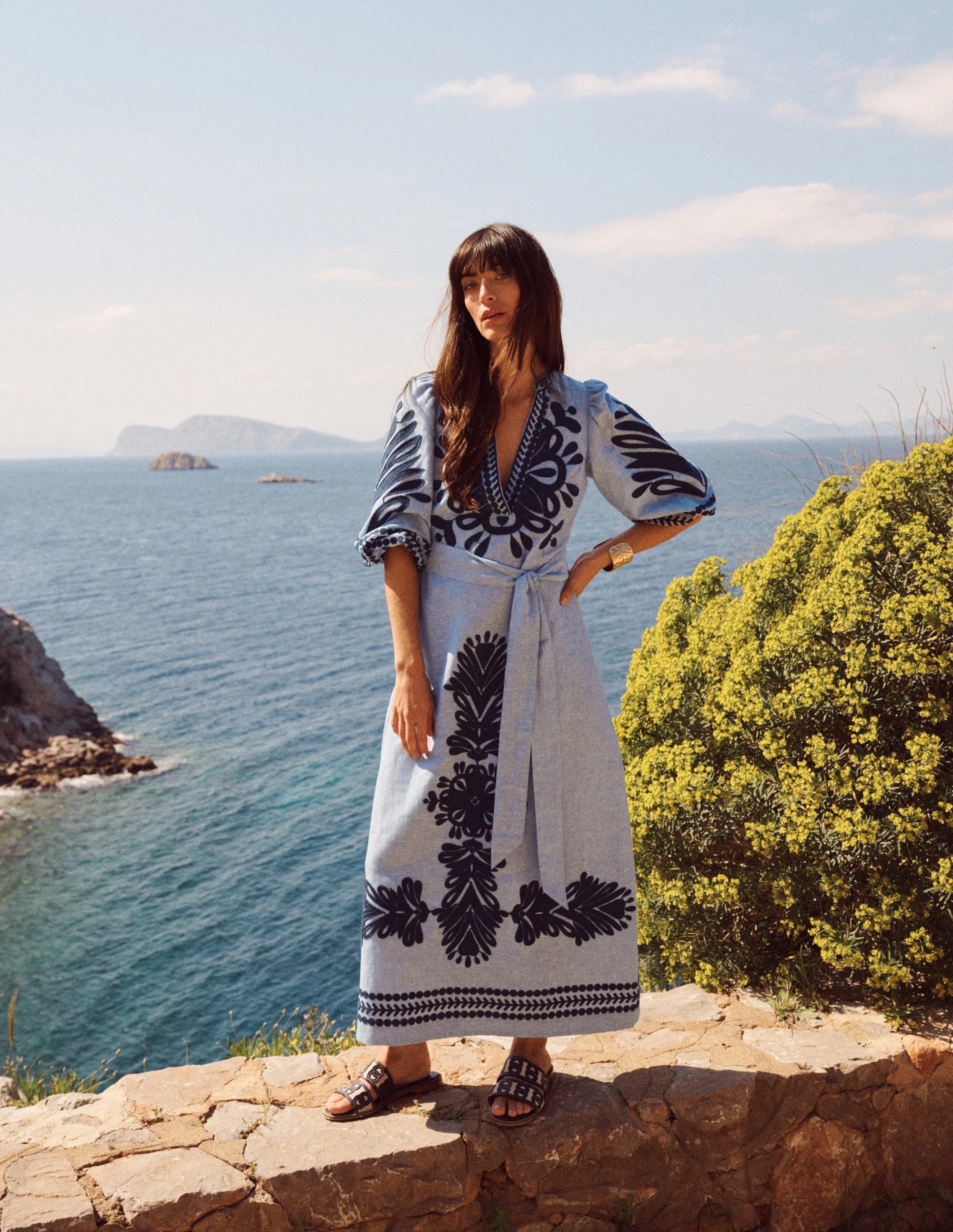 Octavia Linen Blend Dress-Embroidered Chambray - Image 6