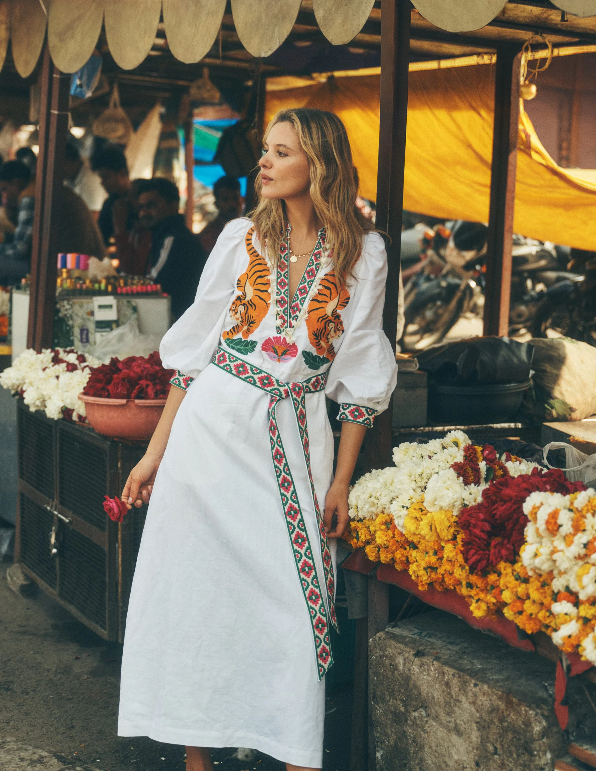 Octavia Linen Blend Dress-Tiger Embroidery