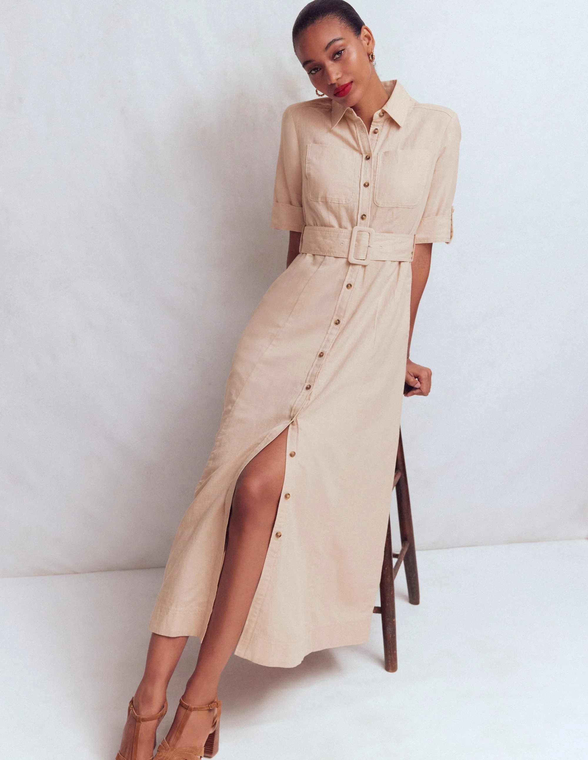 Ora Linen Blend Shirt Dress-Coffee