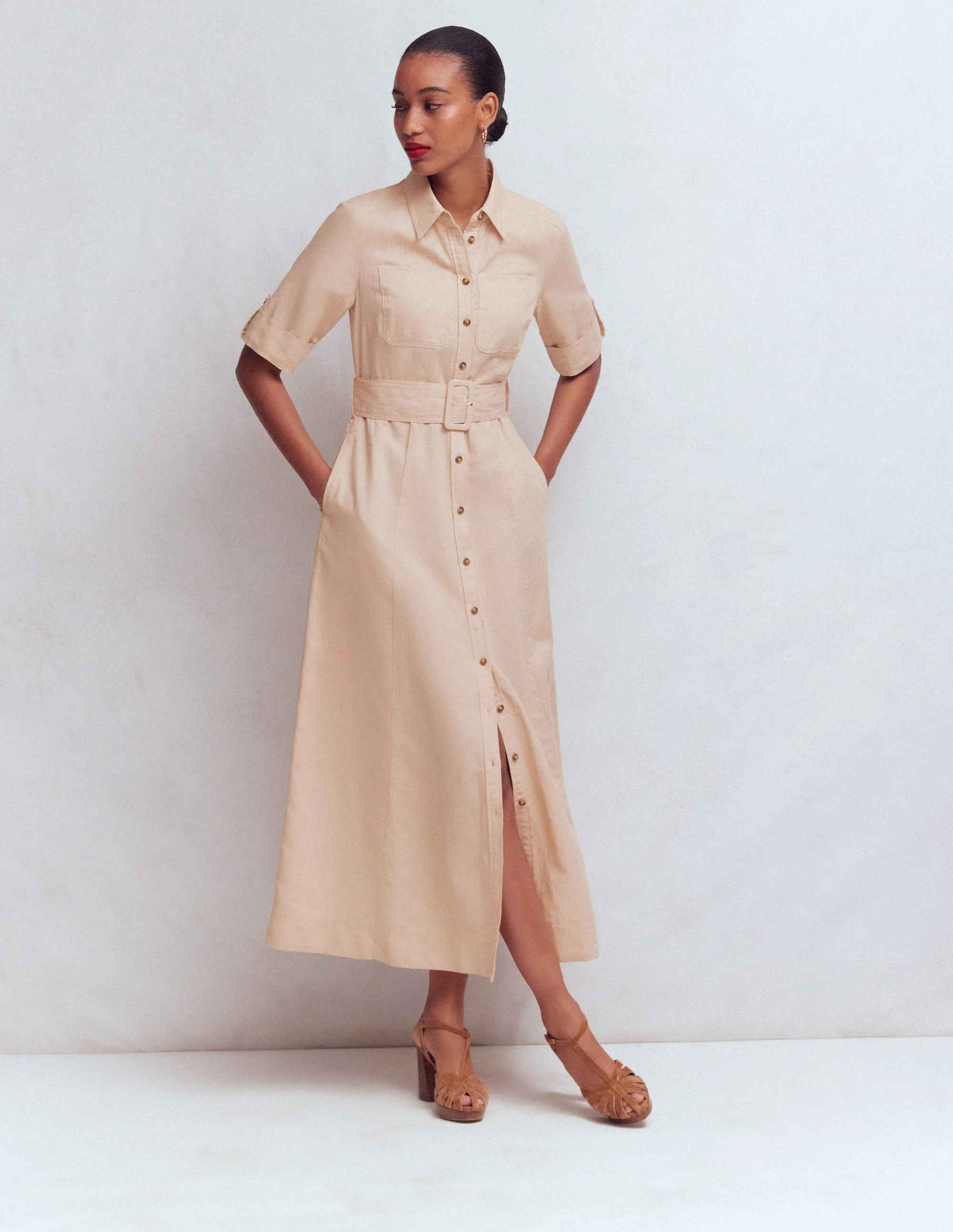 Ora Linen Blend Shirt Dress-Coffee - Image 4