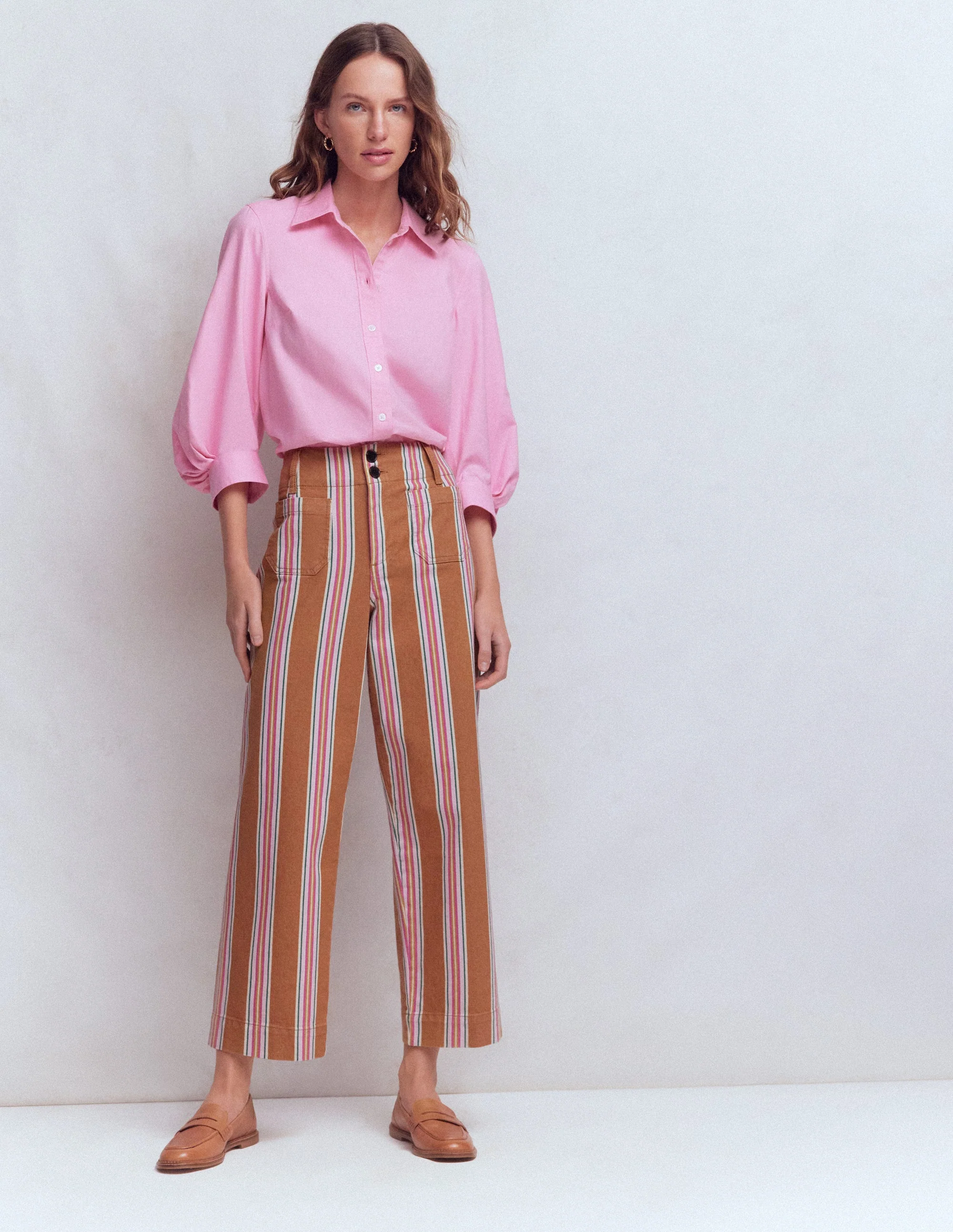 Patch Pocket Cropped Pants-Cognac, Pink Stripe