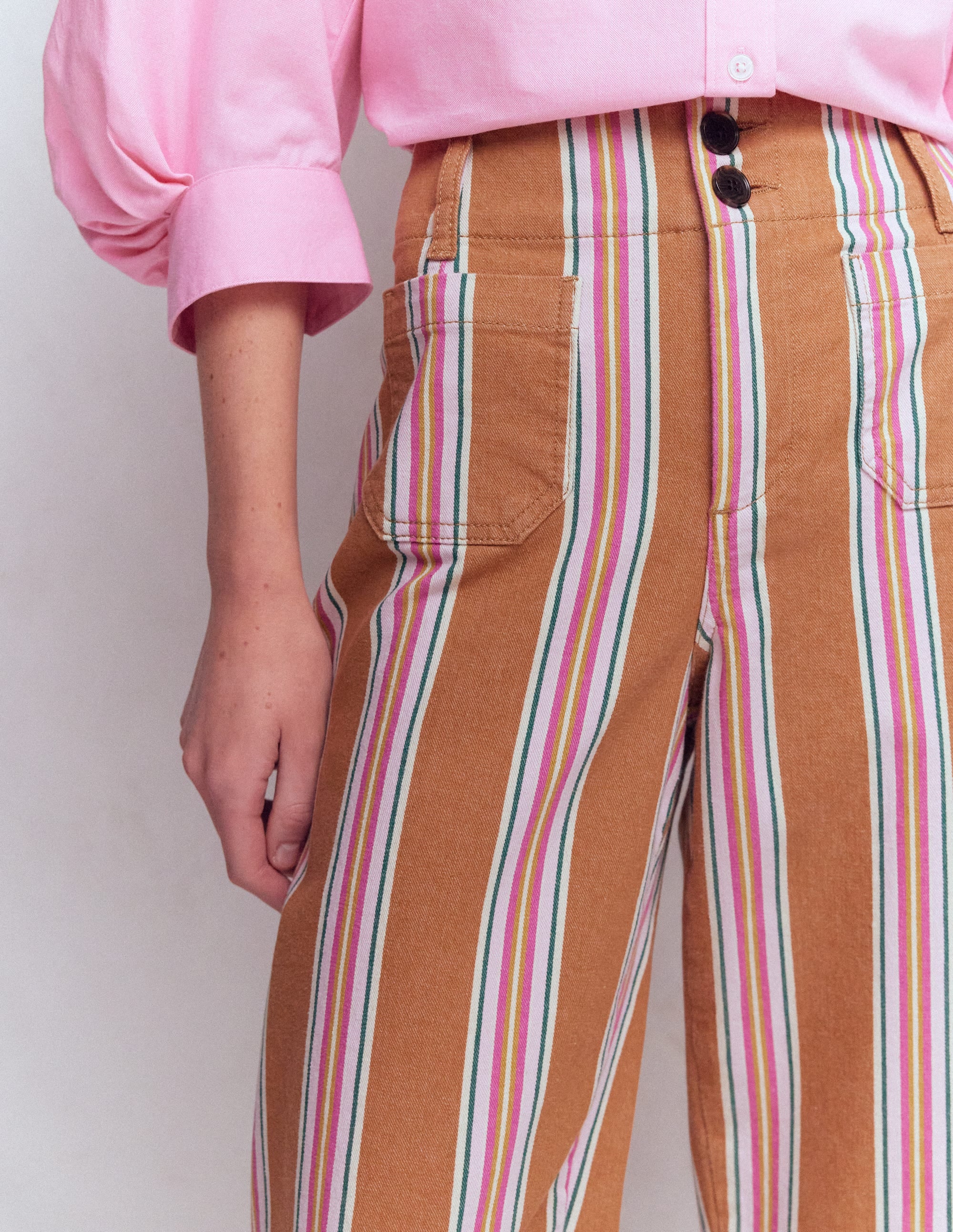 Patch Pocket Cropped Pants-Cognac, Pink Stripe - Image 2