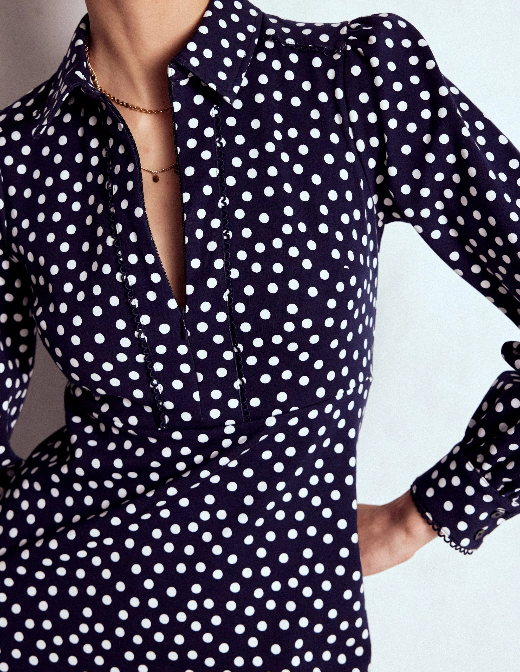 Pip Zip-Up Ponte Midi Dress-French Navy, Painted Dot - Image 3