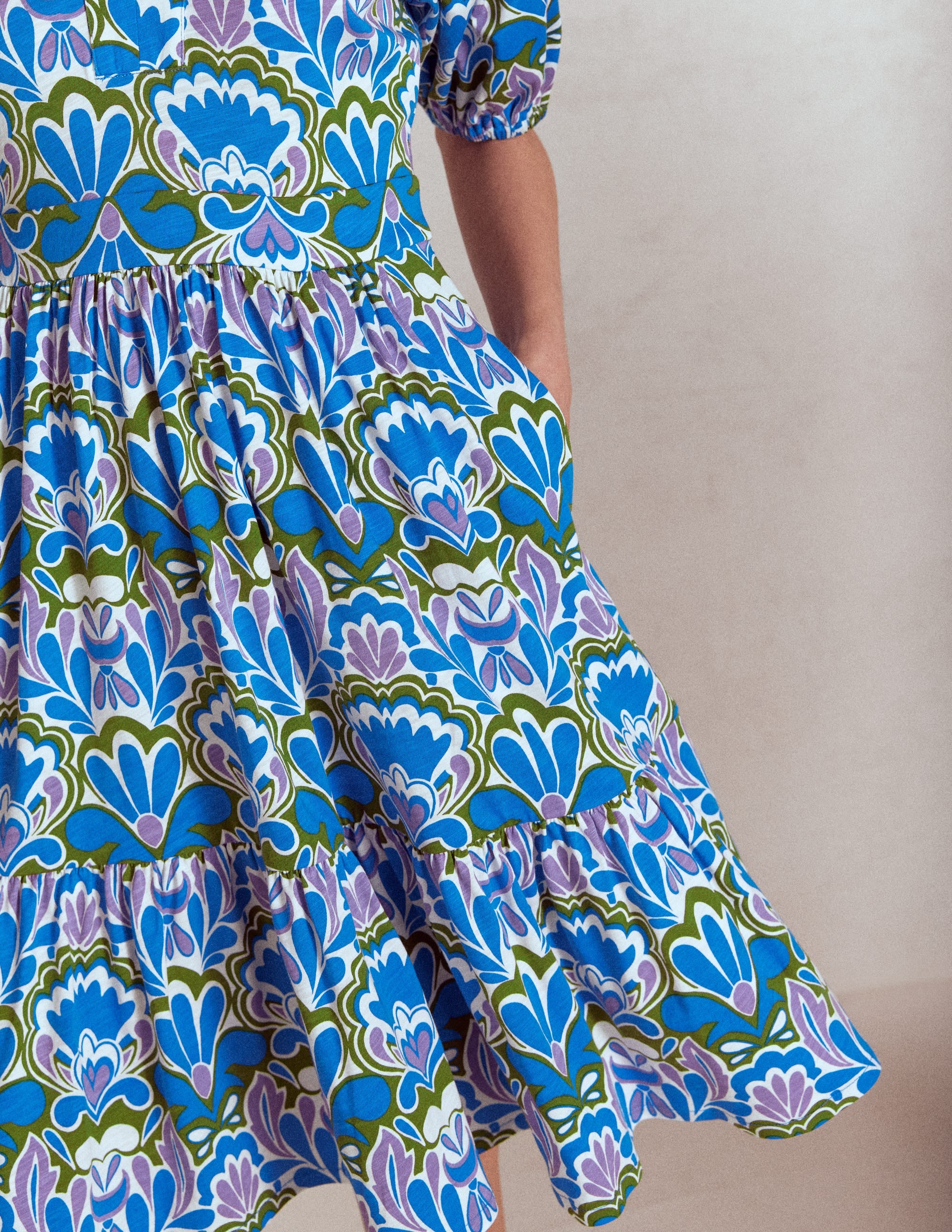 Piper Short Jersey Dress-Kingfisher Blue, Freesia Stamp - Image 3