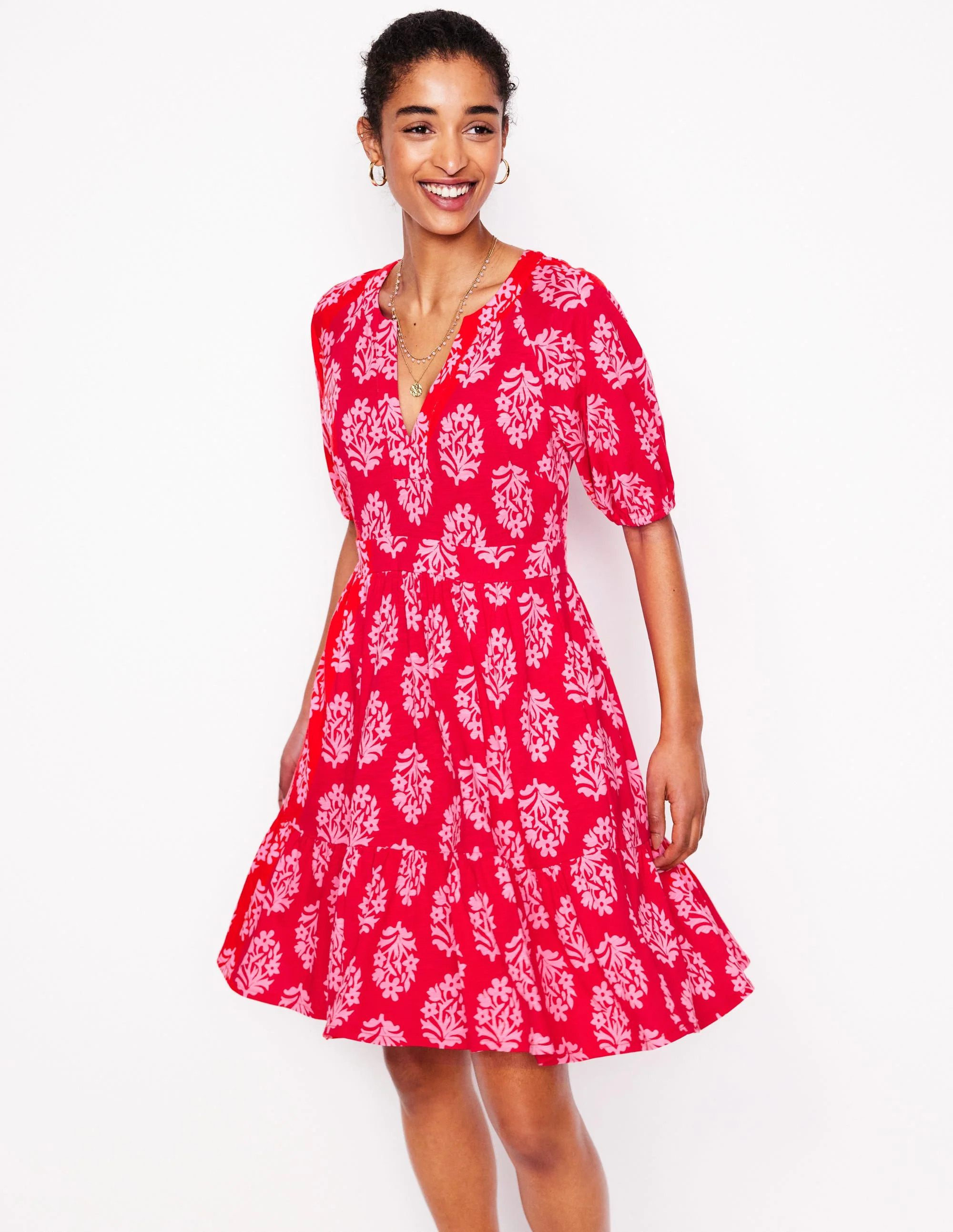 Piper Short Jersey Dress-Poppy Red, Posy Stamp - Image 4