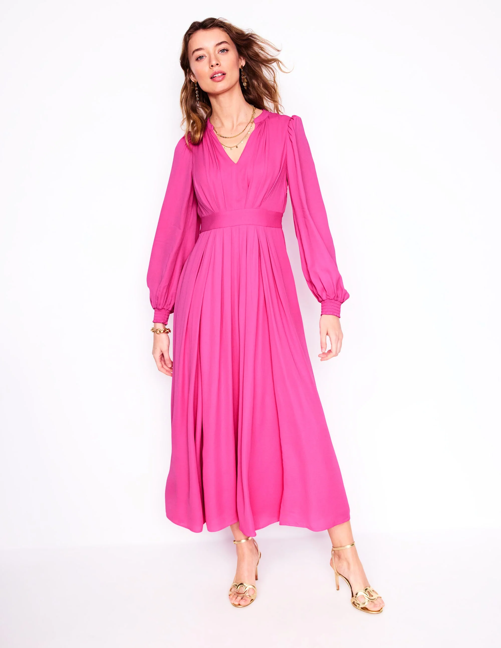 Pleat Detail Blouson Dress-Cosmos Pink