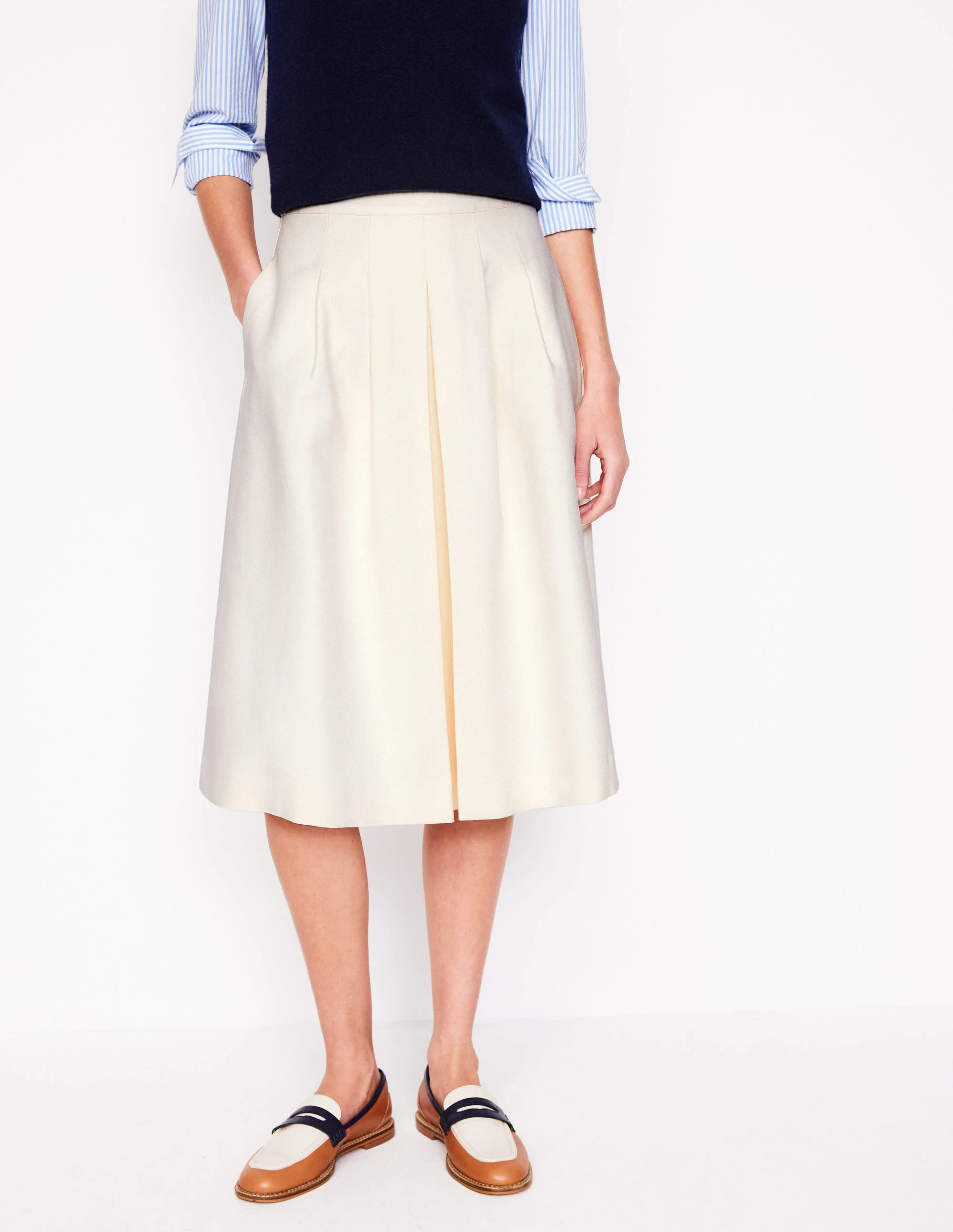 Pleat Detail Midi Skirt-Ivory - Image 4