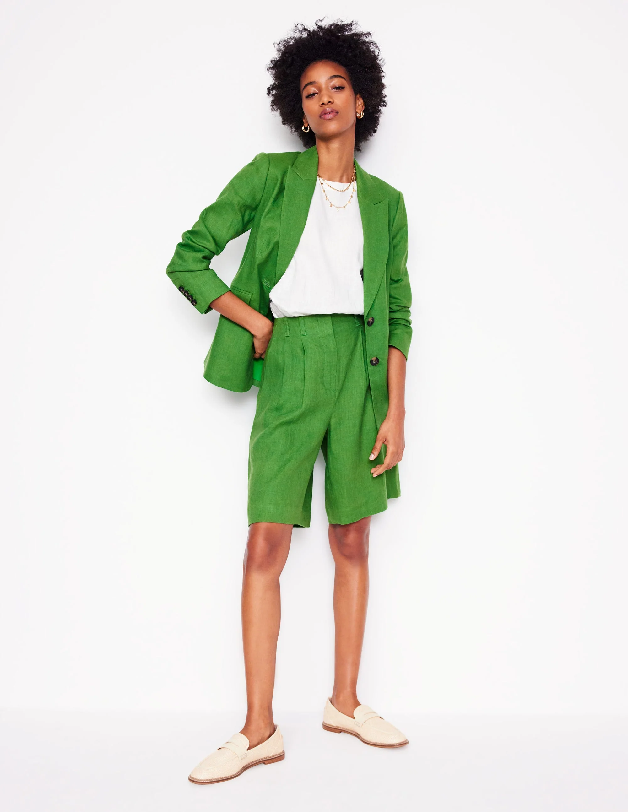 Pleat Linen Wide Leg Shorts-Green - Image 6