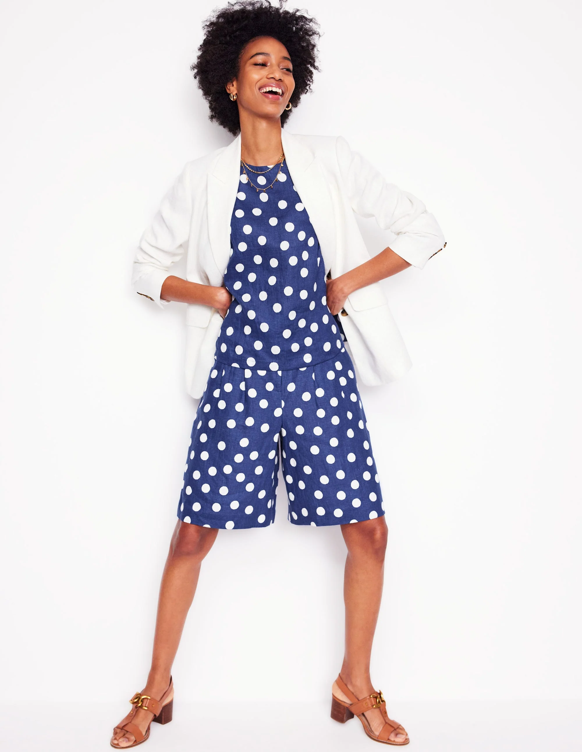 Pleat Linen Wide Leg Shorts-Navy Painted Dot - Image 8