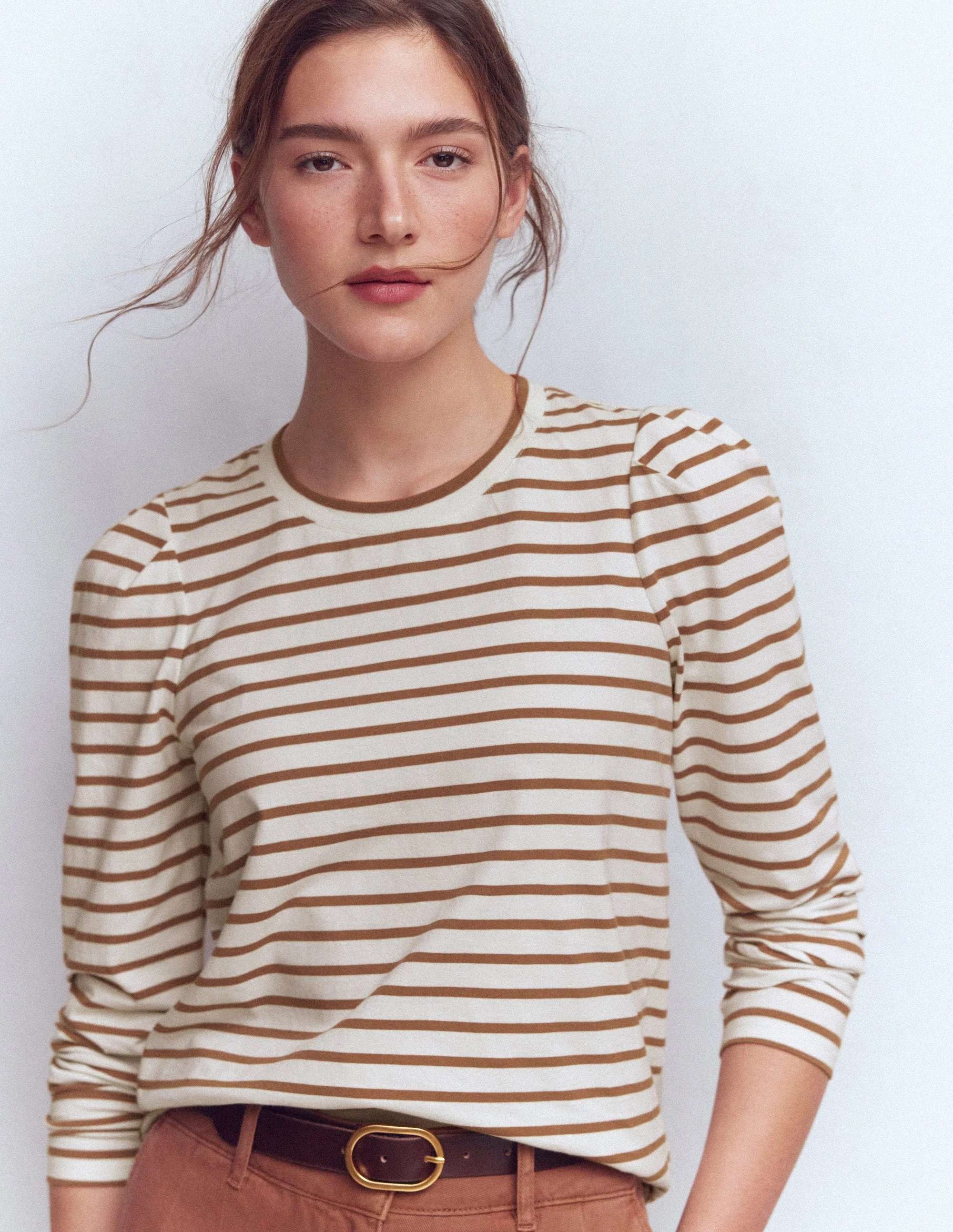 Pleat Sleeve Stripe Top-Ginger and Ivory Stripe - Image 2