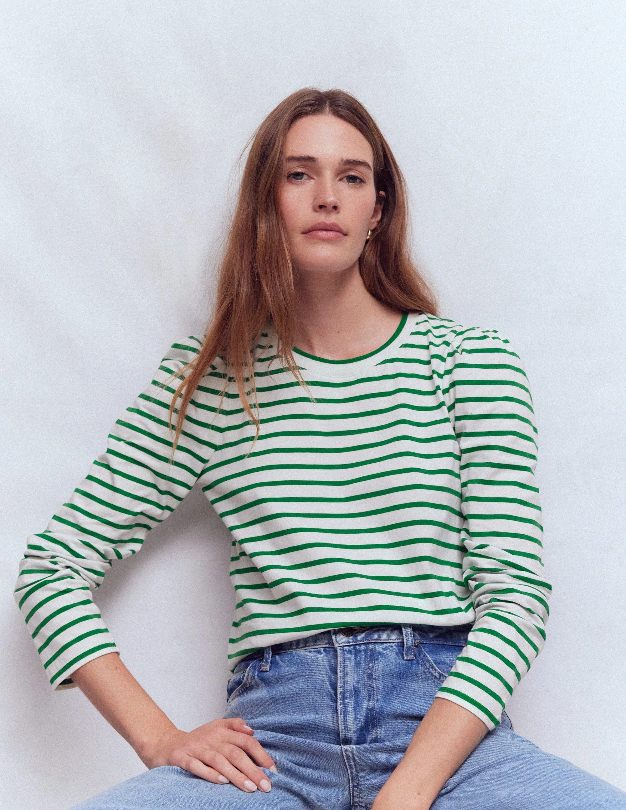 Pleat Sleeve Stripe Top-Jewel Green and Ivory Stripe - Image 4