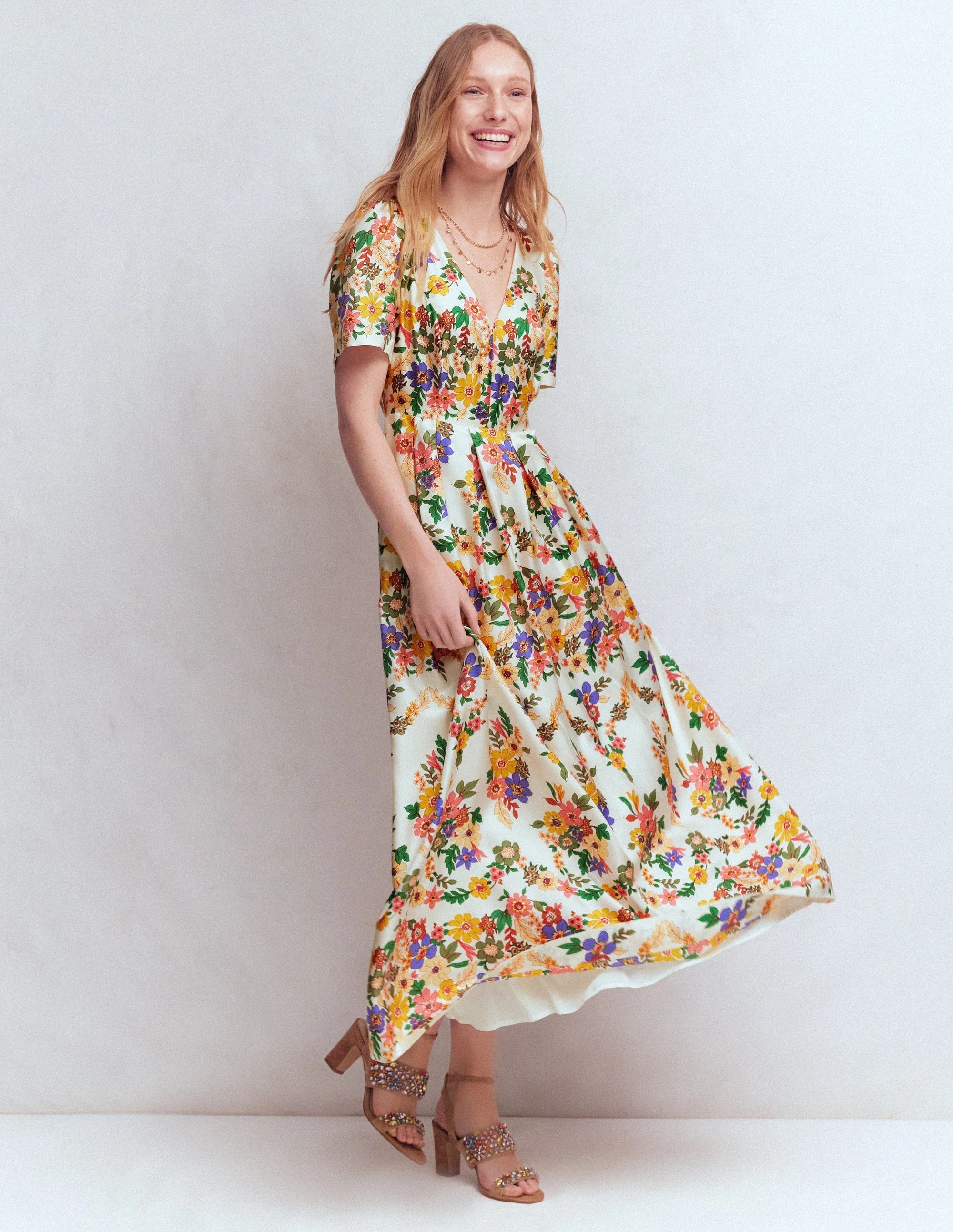 Pleat V-neck Dress-Multi Meadow Flowers - Image 5