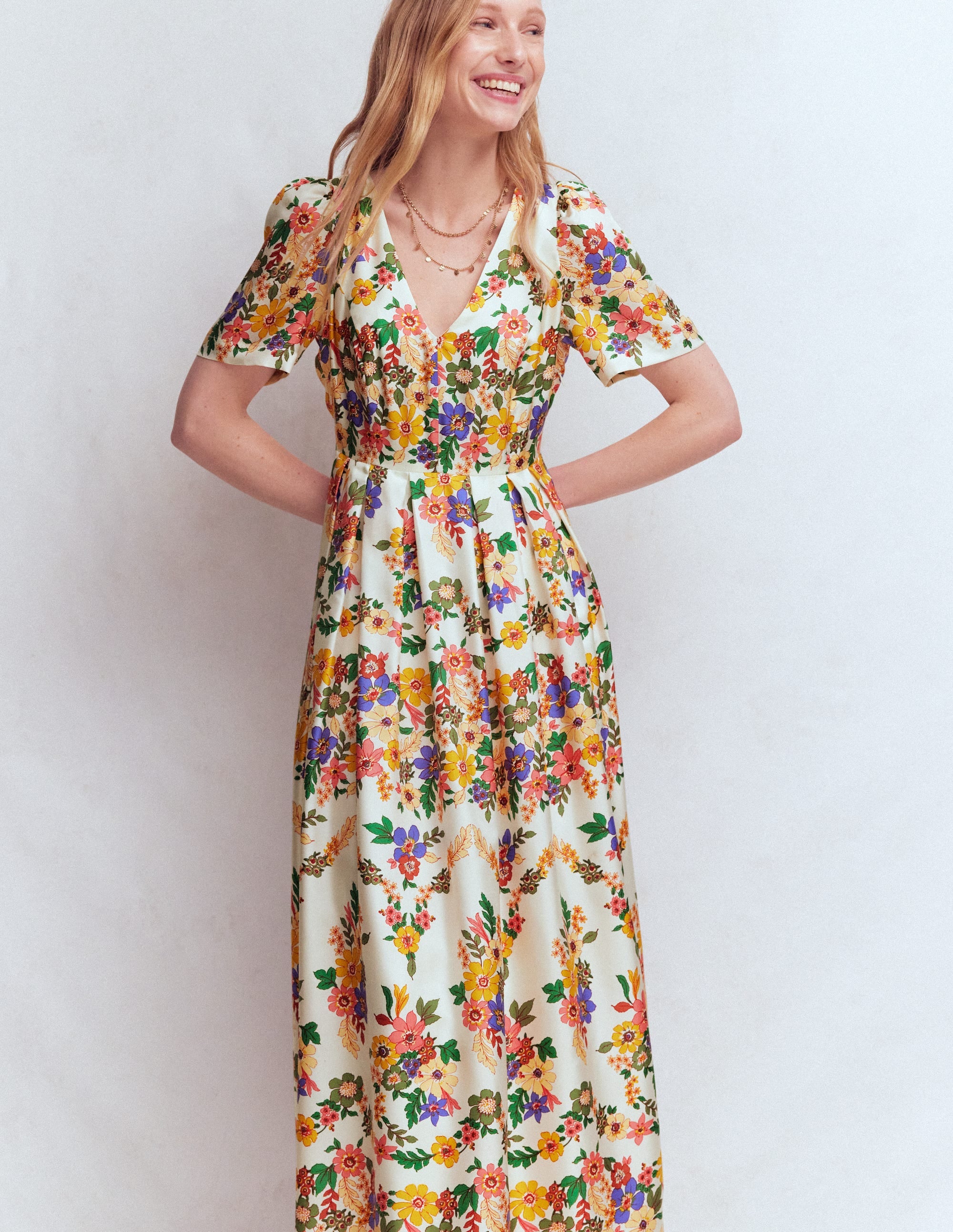Pleat V-neck Dress-Multi Meadow Flowers - Image 6