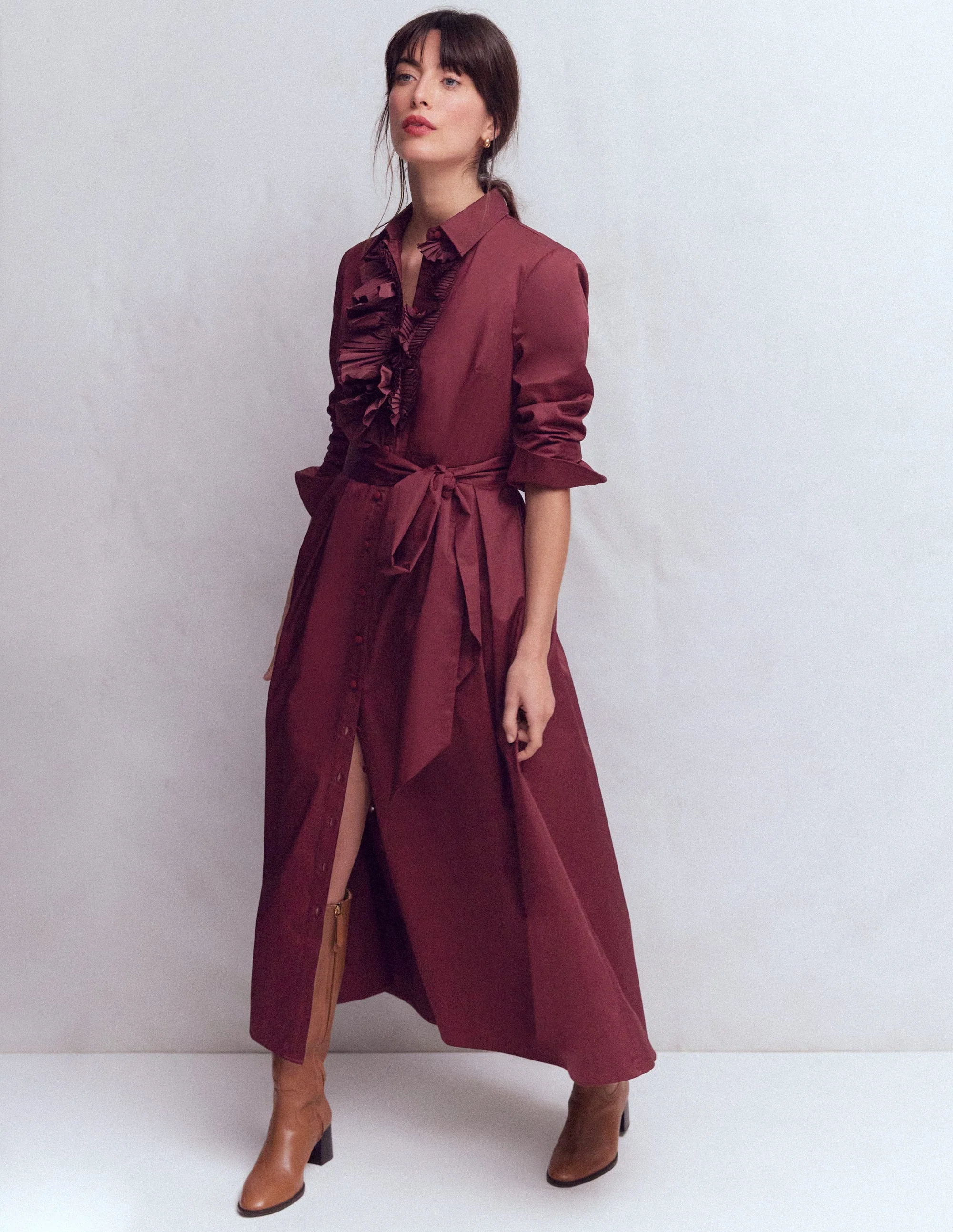 Pleated Ruffle Shirt Dress-Deep Wisteria