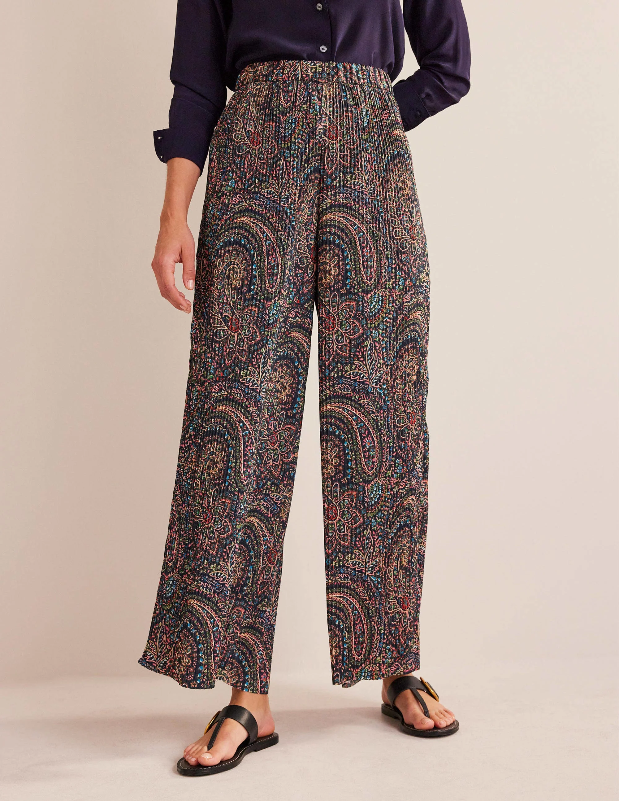 Plisse Satin Wide Leg Trousers-Light Navy, Palace - Image 4