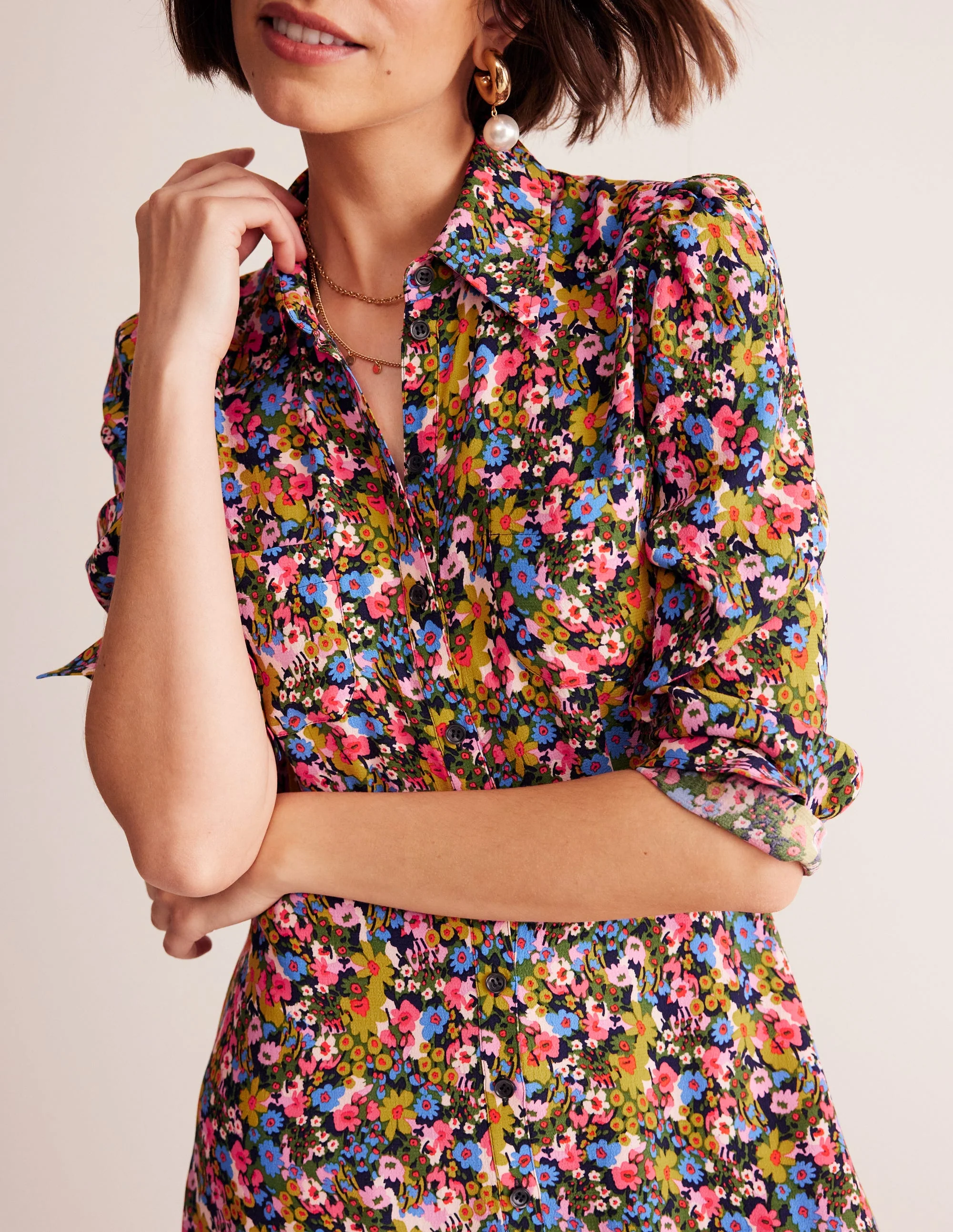 Pocket Detail Shirt Dress-Kale, Meadow Pop - Image 2