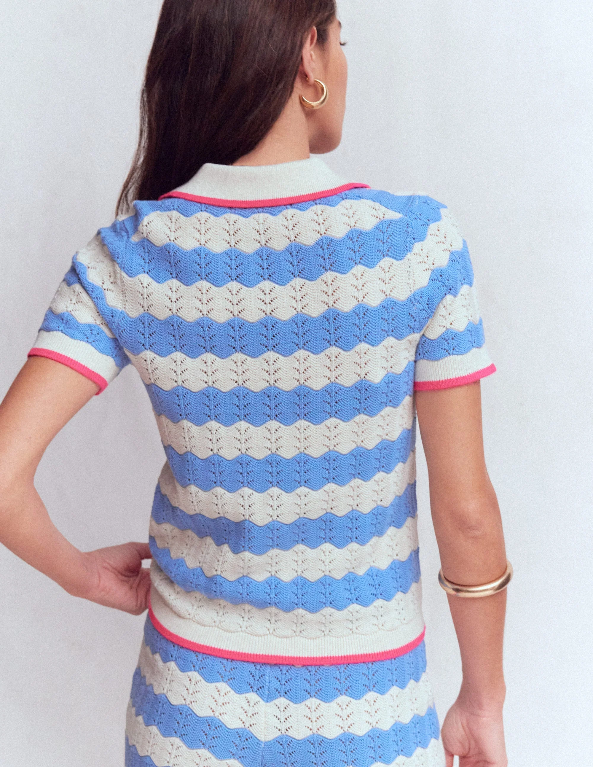 Pointelle Henley T-shirt-Blue, White - Image 3