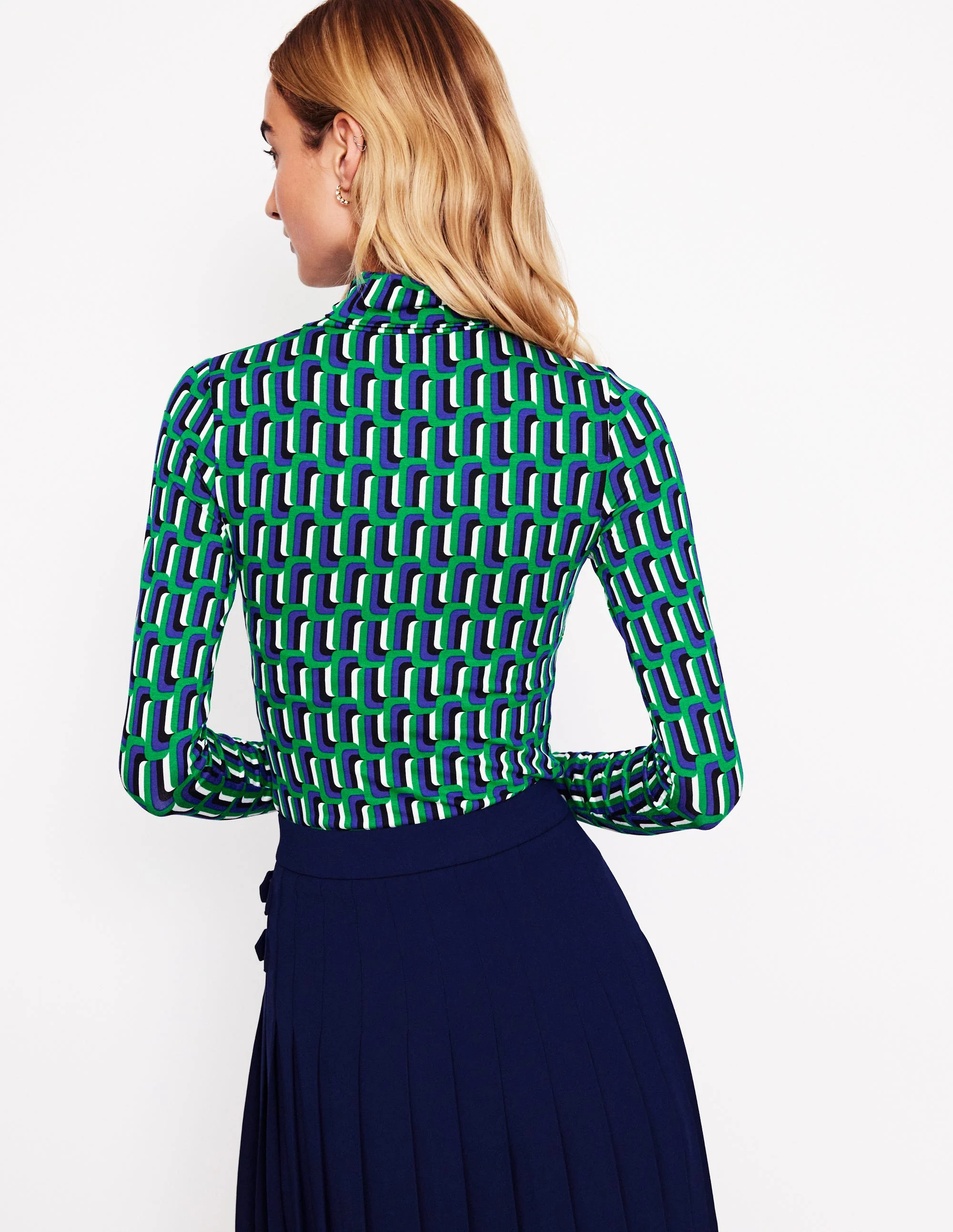 Polly Jersey Top-Green and Blue, Falling Geo - Image 3