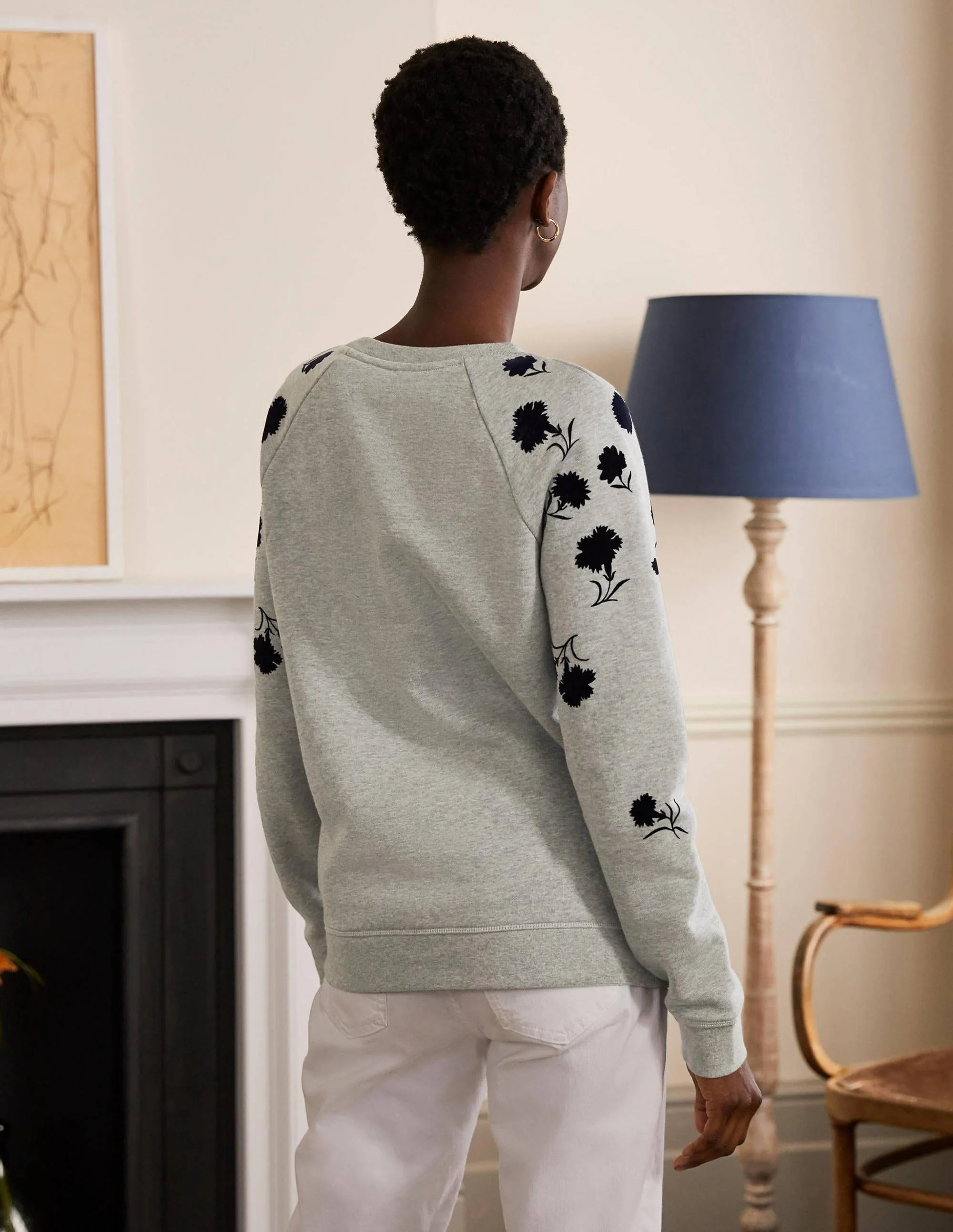 Printed Cotton Sweatshirt-Grey Marl, Leafy Bud - Image 3