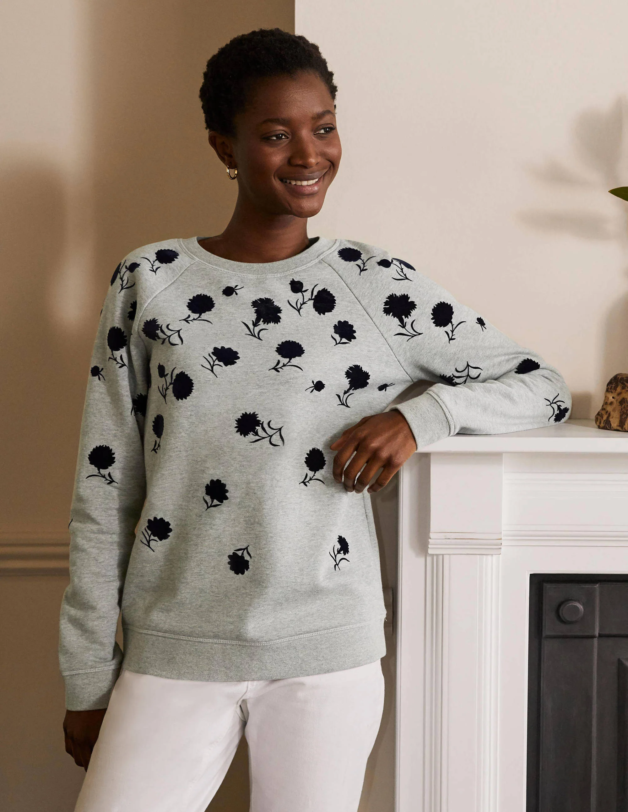 Printed Cotton Sweatshirt-Grey Marl, Leafy Bud - Image 4